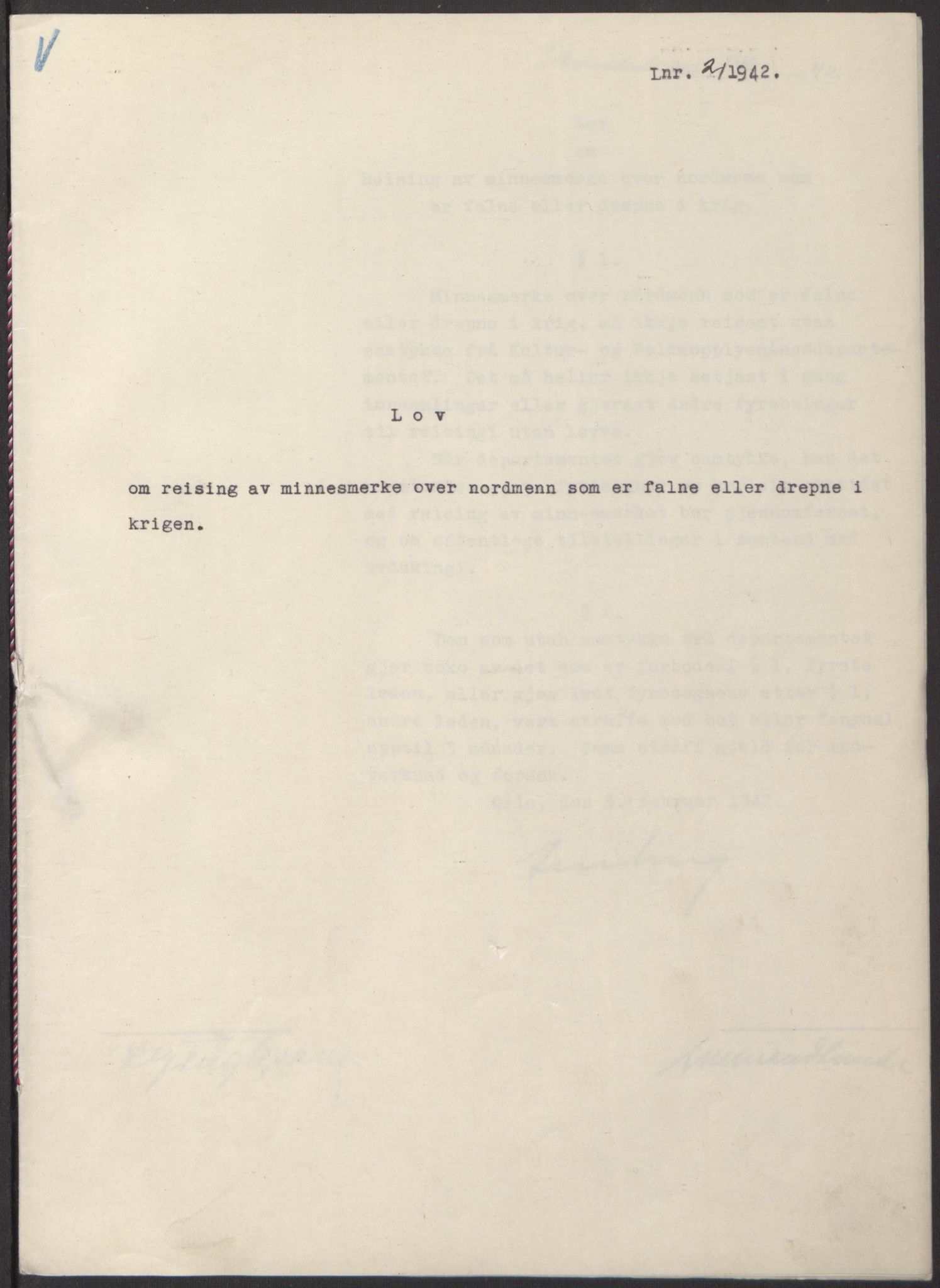 NS-administrasjonen 1940-1945 (Statsrådsekretariatet, de kommisariske statsråder mm), RA/S-4279/D/Db/L0097: Lover I, 1942, p. 5