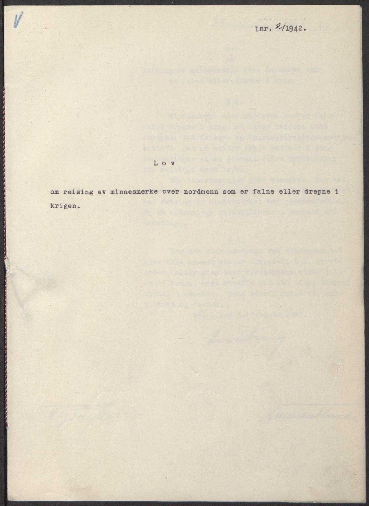 NS-administrasjonen 1940-1945 (Statsrådsekretariatet, de kommisariske statsråder mm), AV/RA-S-4279/D/Db/L0097: Lover I, 1942, p. 5