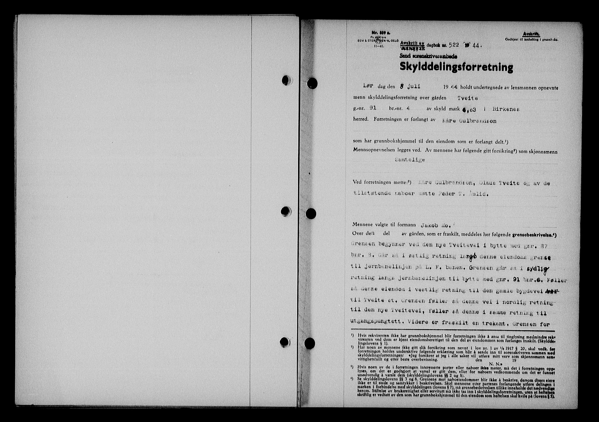 Vestre Nedenes/Sand sorenskriveri, SAK/1221-0010/G/Gb/Gba/L0053: Mortgage book no. A 6, 1944-1945, Diary no: : 522/1944