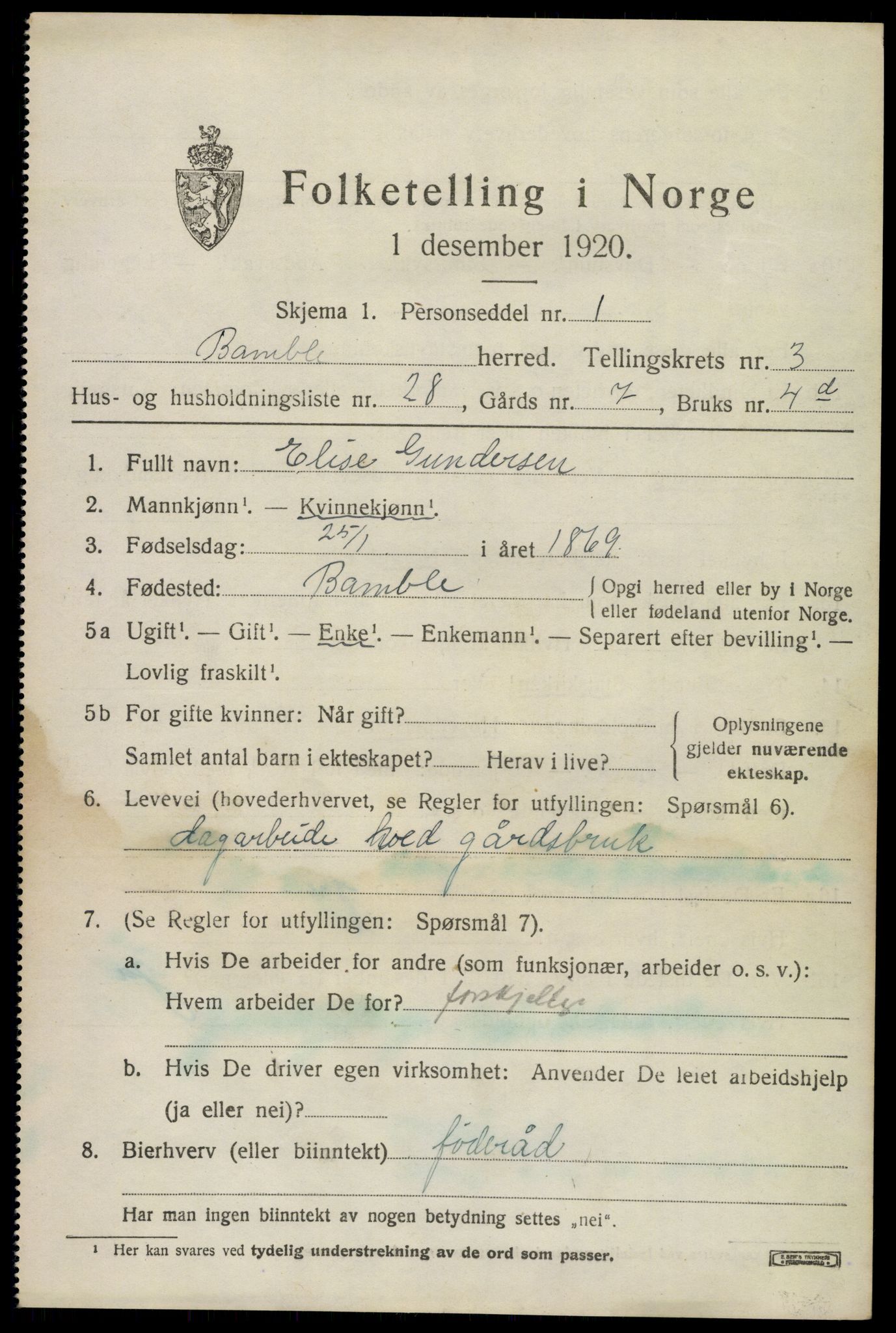 SAKO, 1920 census for Bamble, 1920, p. 4085