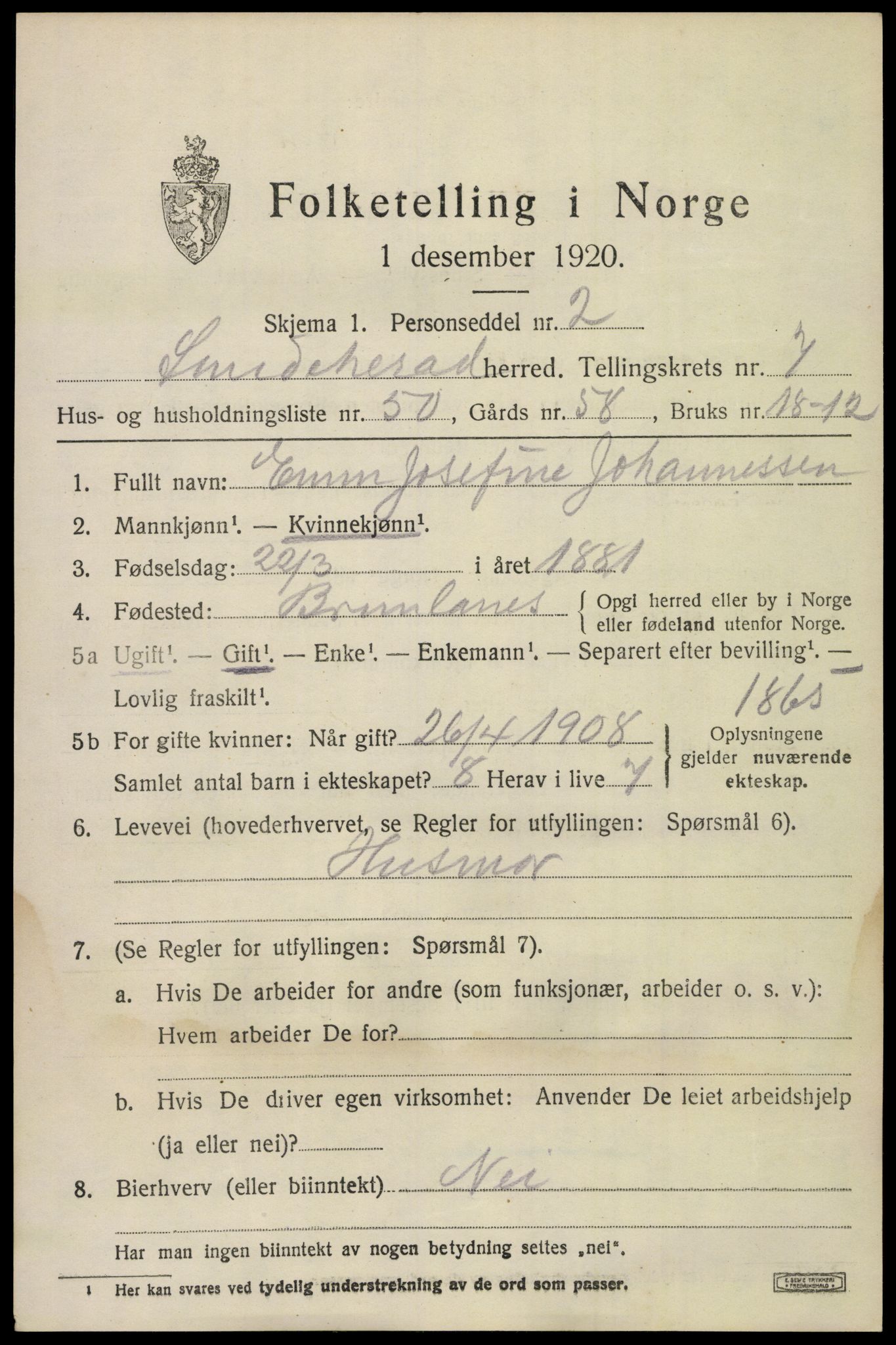SAKO, 1920 census for Sandeherred, 1920, p. 12518