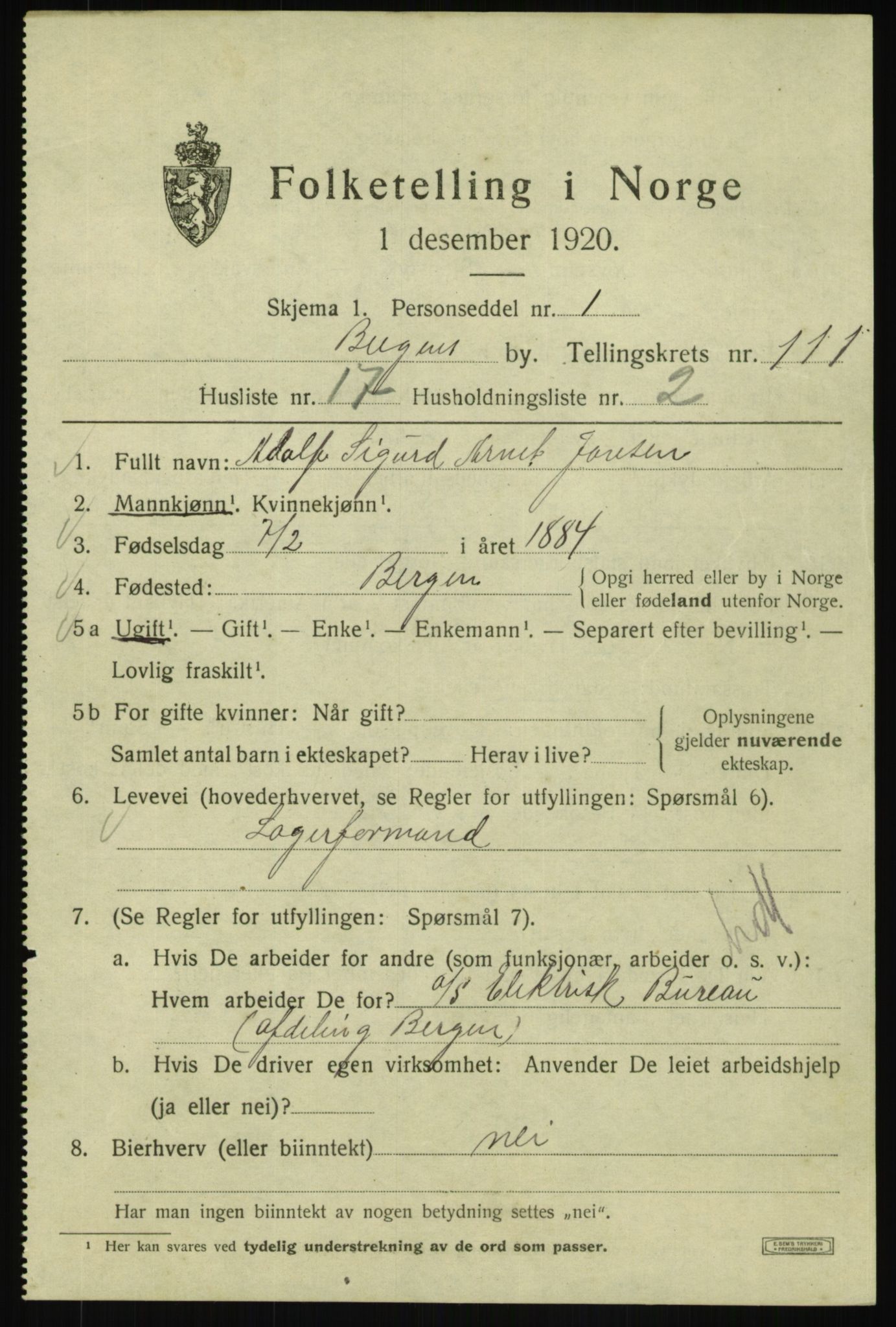 SAB, 1920 census for Bergen, 1920, p. 191497