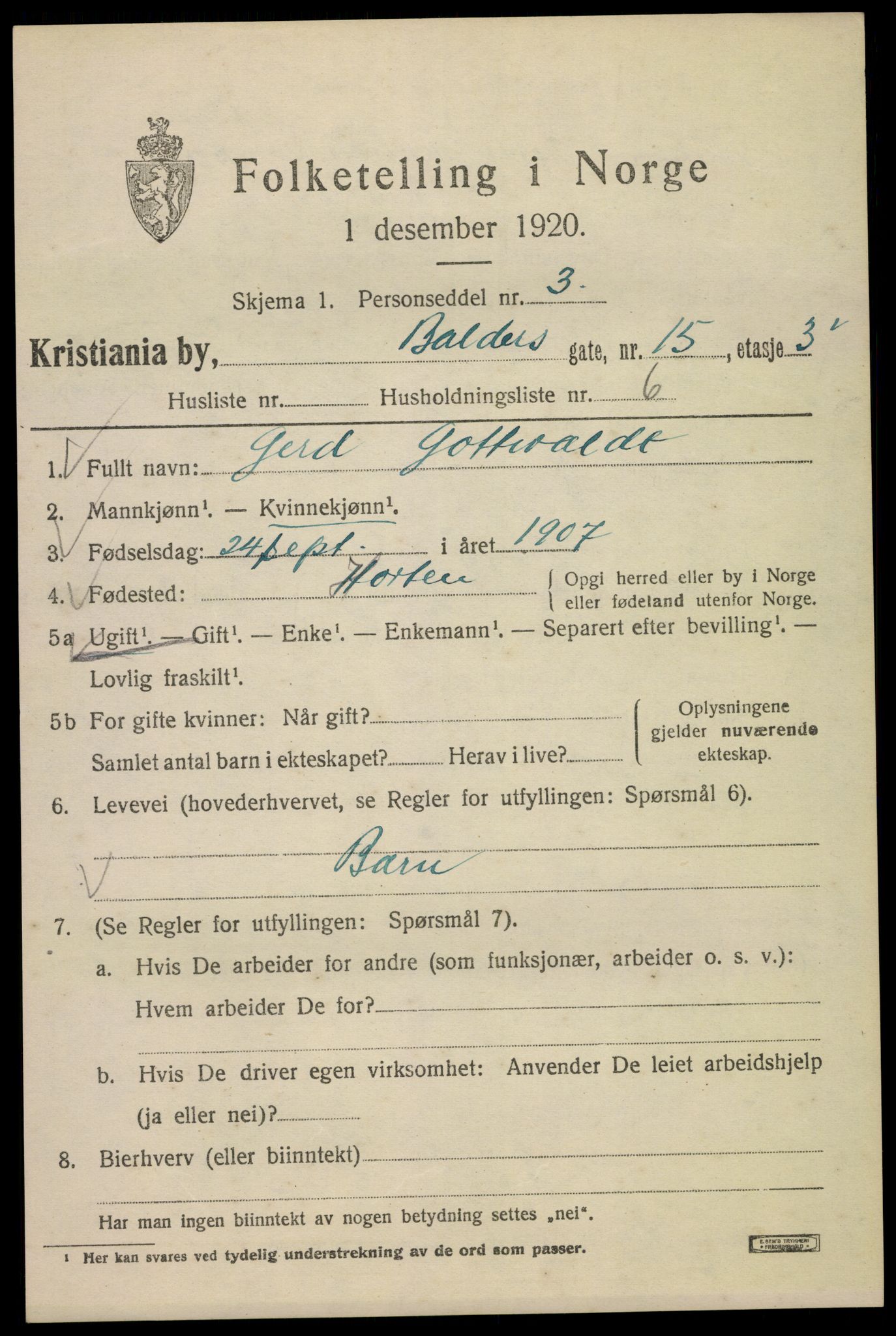 SAO, 1920 census for Kristiania, 1920, p. 150011