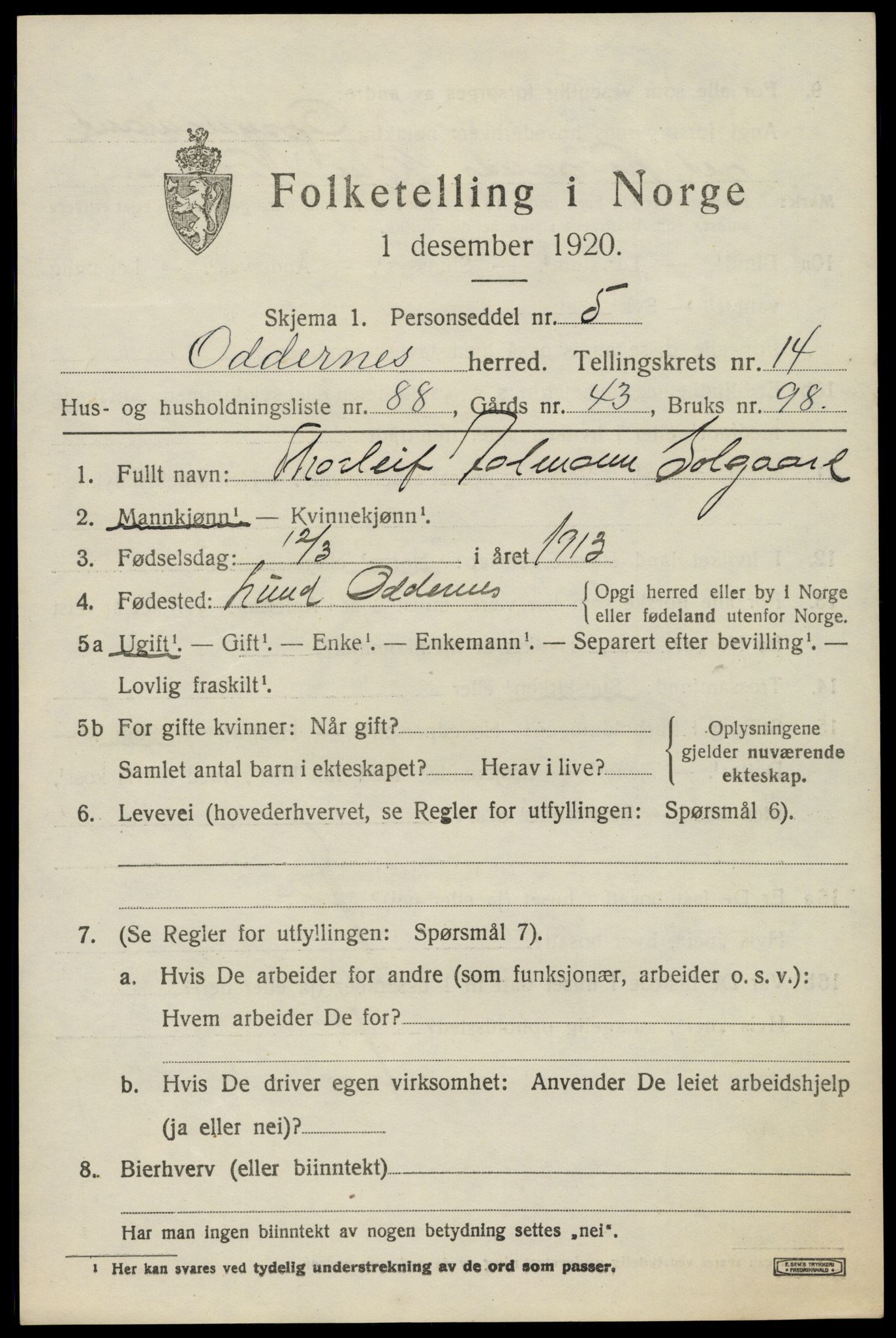SAK, 1920 census for Oddernes, 1920, p. 9651