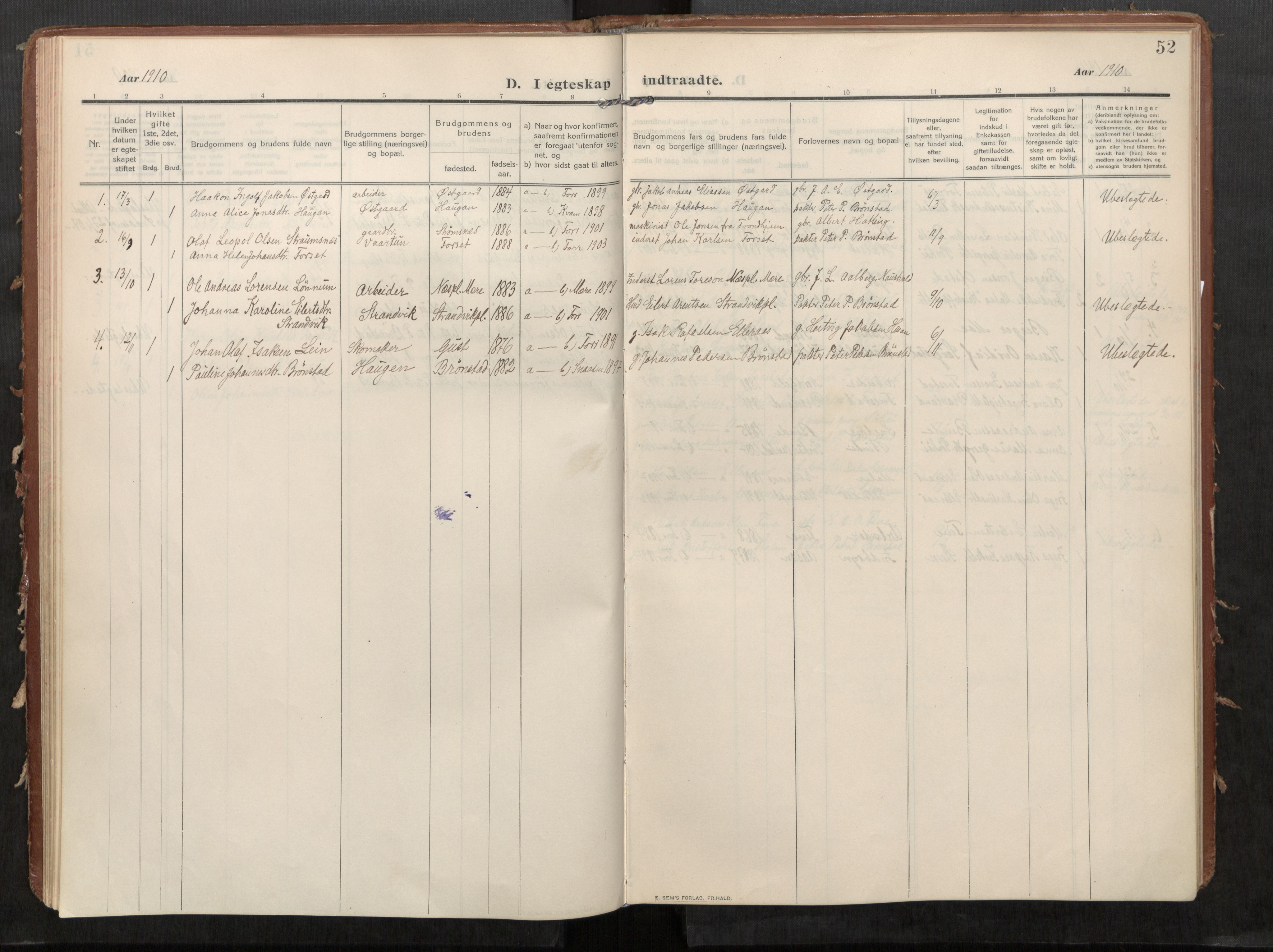 Stod sokneprestkontor, SAT/A-1164/1/I/I1/I1a/L0002: Parish register (official) no. 2, 1909-1922, p. 52
