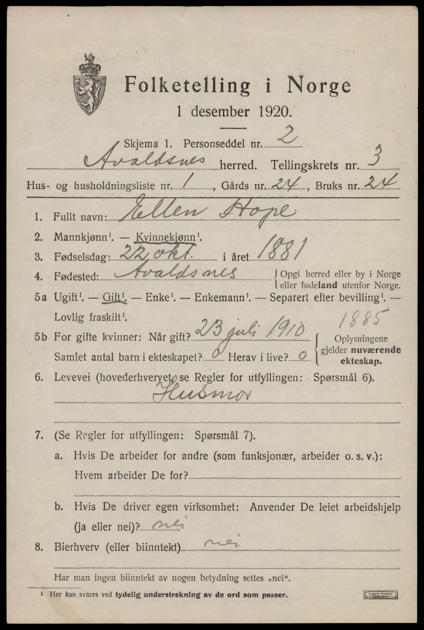 SAST, 1920 census for Avaldsnes, 1920, p. 2849