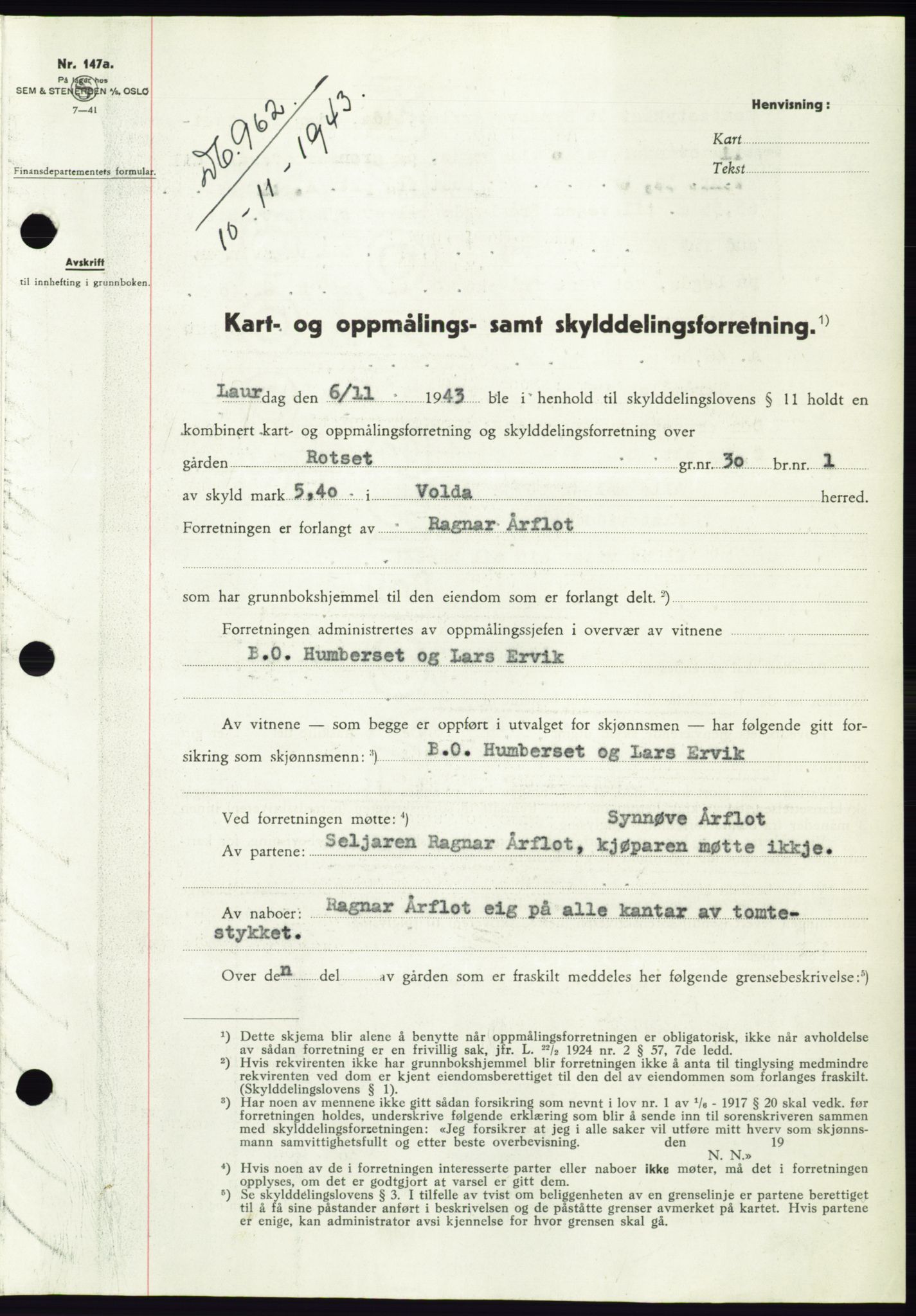 Søre Sunnmøre sorenskriveri, AV/SAT-A-4122/1/2/2C/L0075: Mortgage book no. 1A, 1943-1943, Diary no: : 962/1943