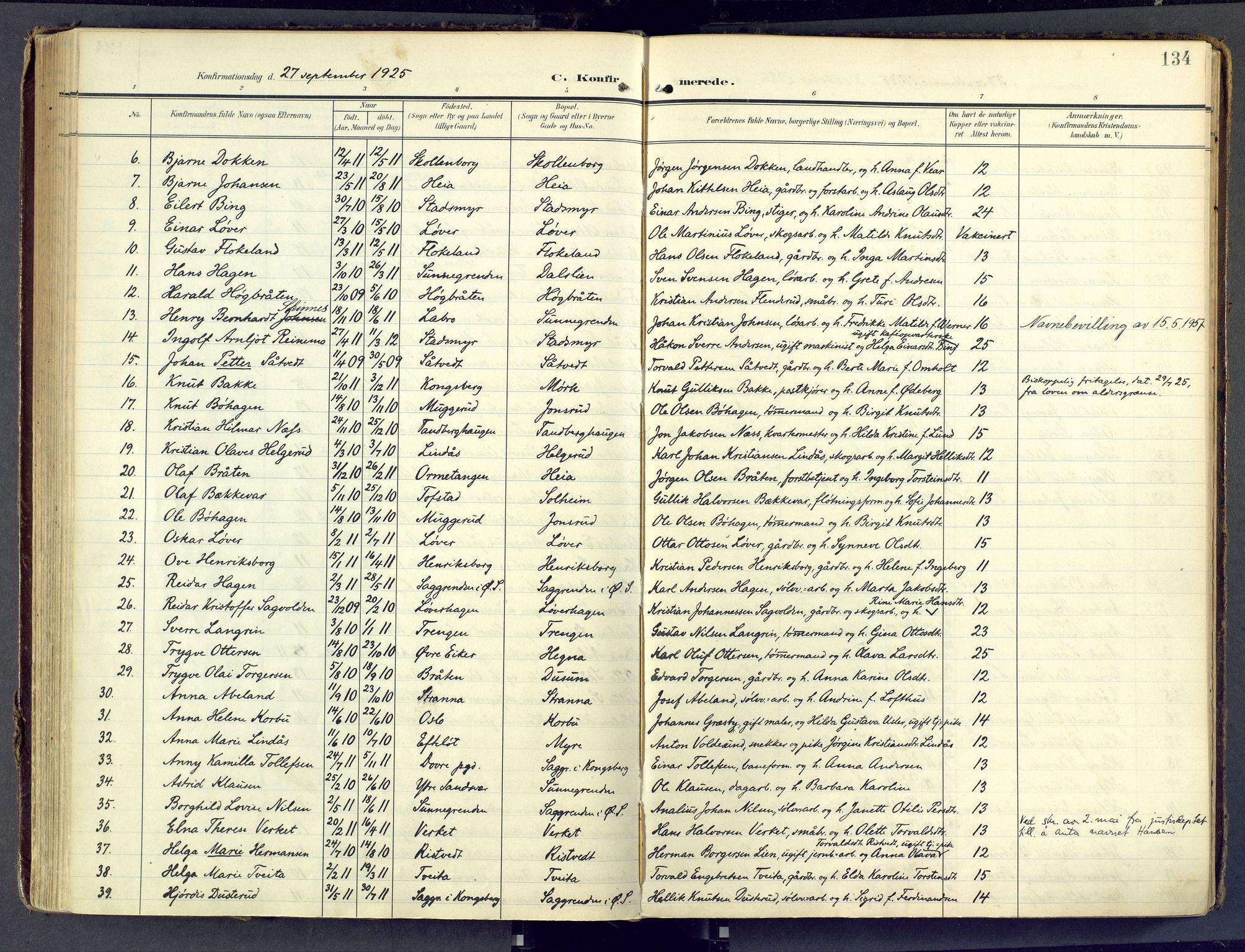 Sandsvær kirkebøker, AV/SAKO-A-244/F/Fd/L0002: Parish register (official) no. IV 2, 1906-1943, p. 134