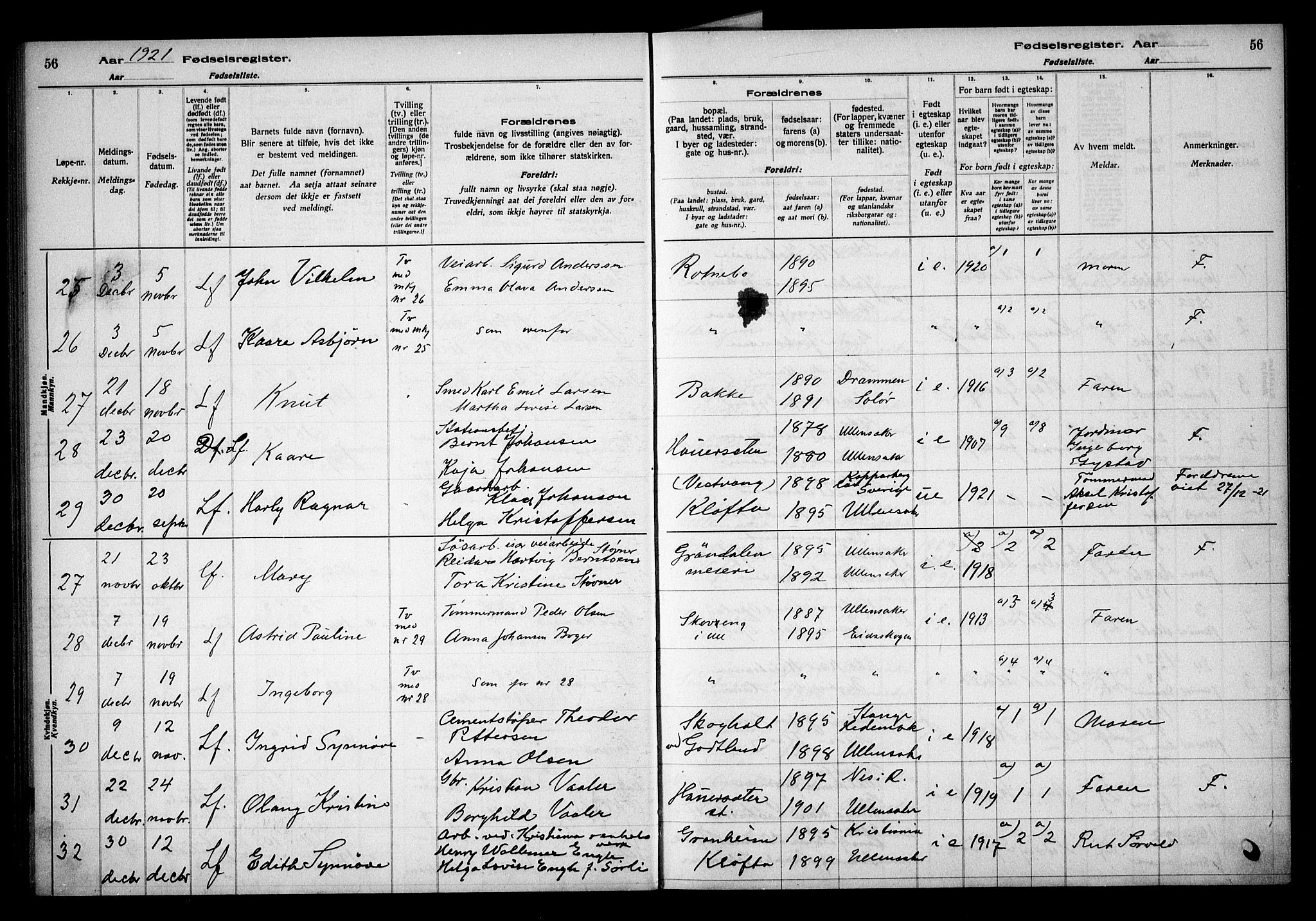 Ullensaker prestekontor Kirkebøker, AV/SAO-A-10236a/J/Ja/L0001: Birth register no. I 1, 1916-1938, p. 56
