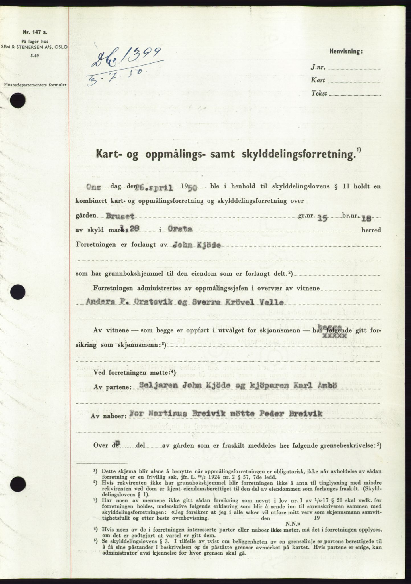 Søre Sunnmøre sorenskriveri, AV/SAT-A-4122/1/2/2C/L0087: Mortgage book no. 13A, 1950-1950, Diary no: : 1399/1950