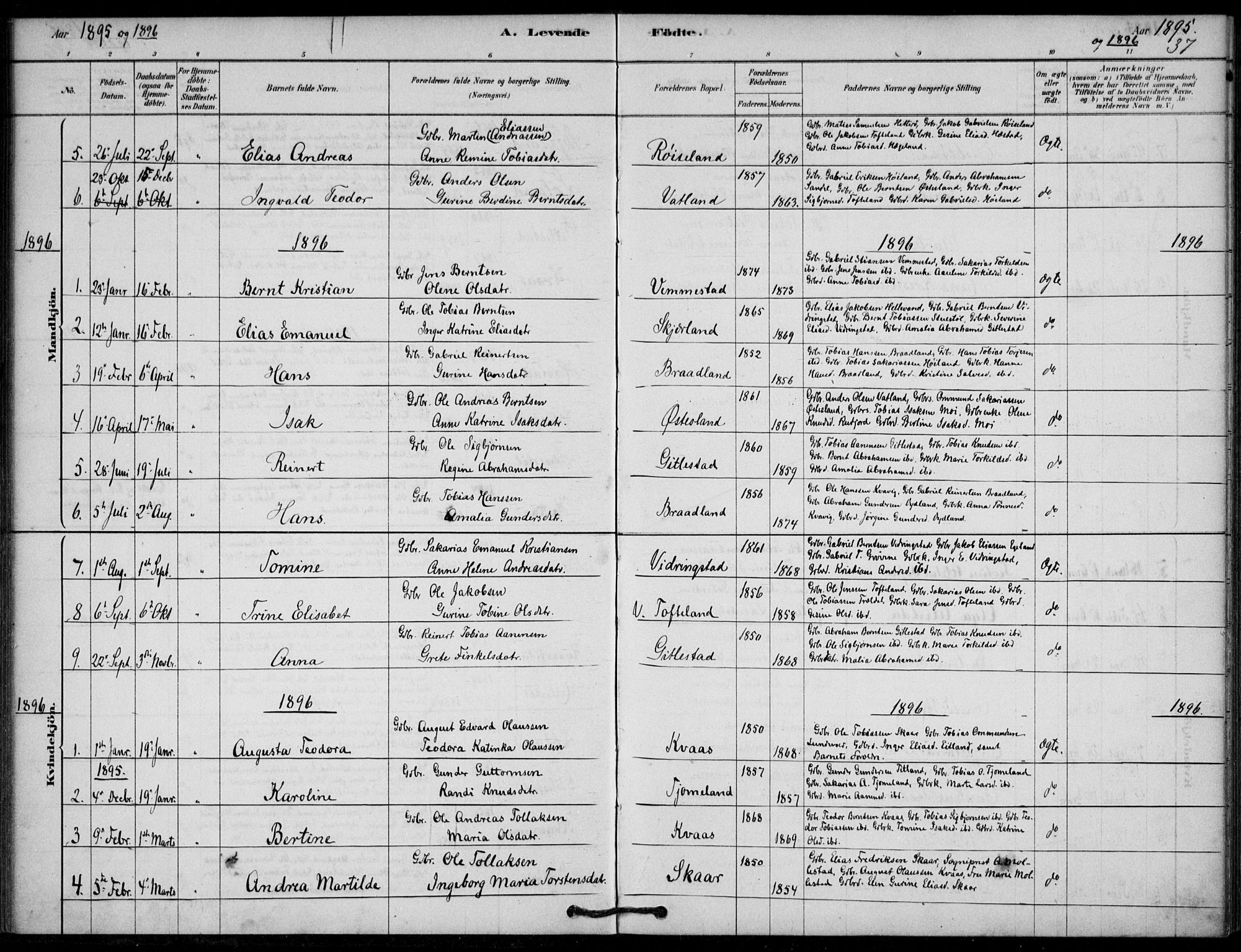 Lyngdal sokneprestkontor, SAK/1111-0029/F/Fa/Fab/L0003: Parish register (official) no. A 3, 1878-1903, p. 37