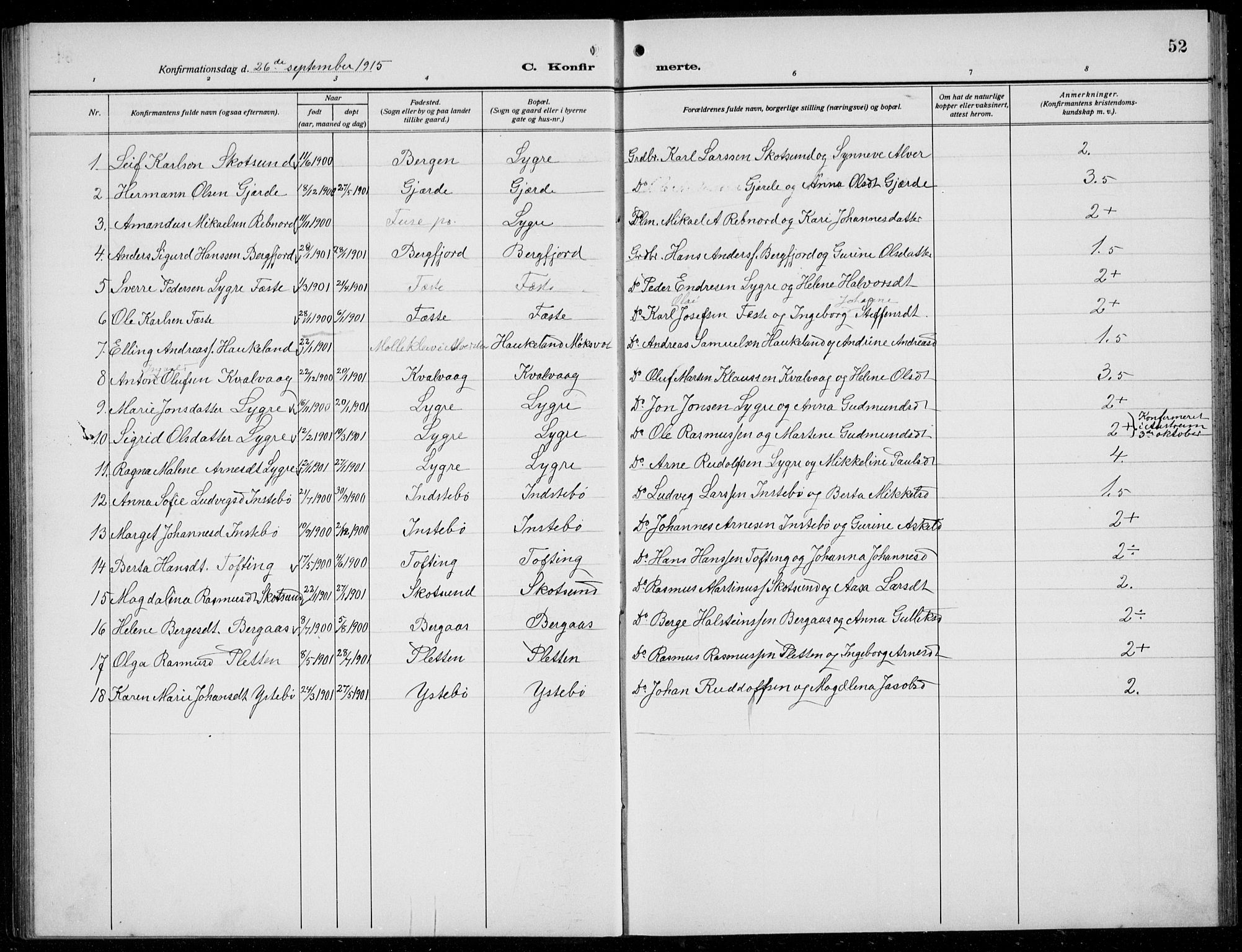 Alversund Sokneprestembete, SAB/A-73901/H/Ha/Hab: Parish register (copy) no. B 5, 1914-1932, p. 52