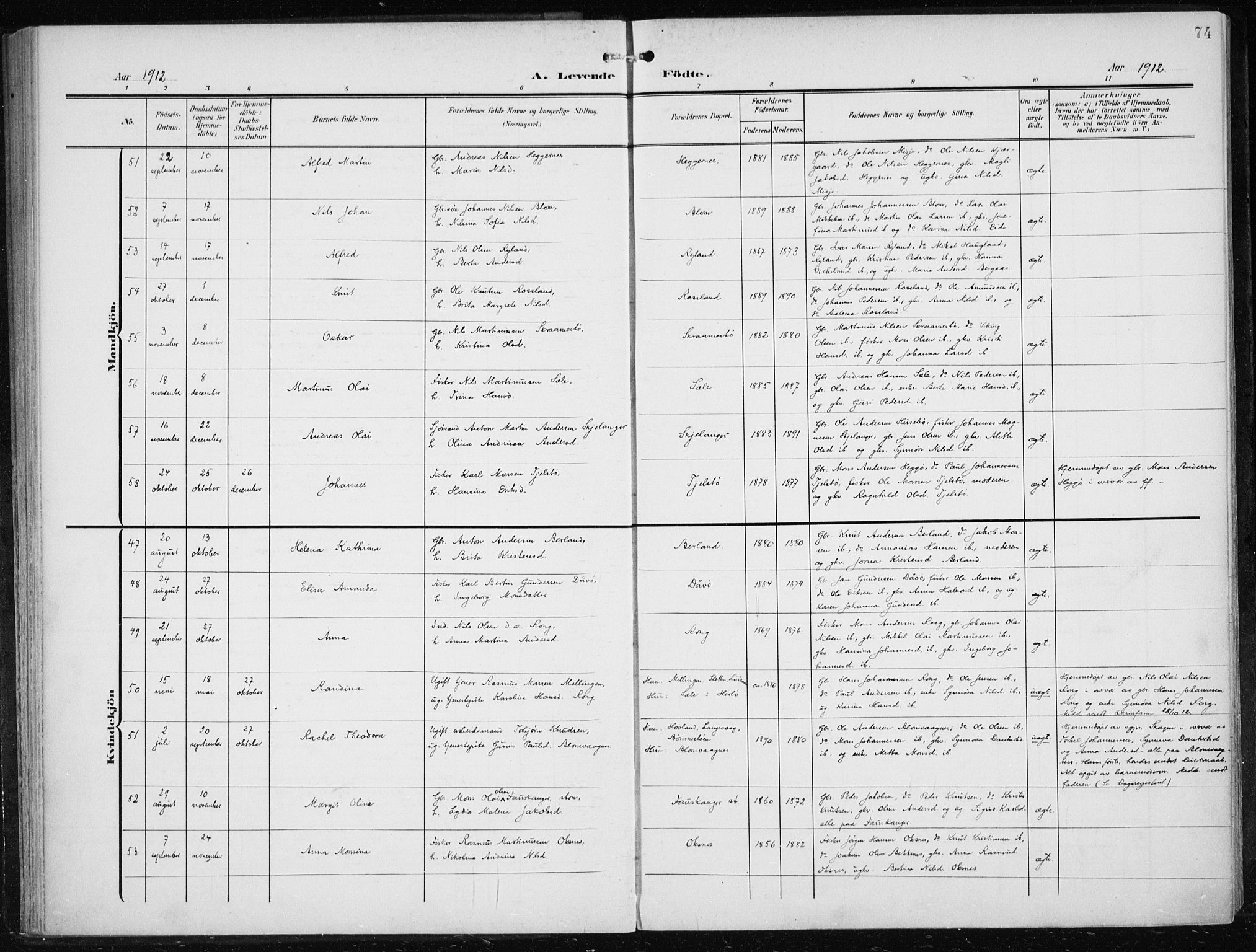 Herdla Sokneprestembete, SAB/A-75701/H/Haa: Parish register (official) no. A 5, 1905-1918, p. 74