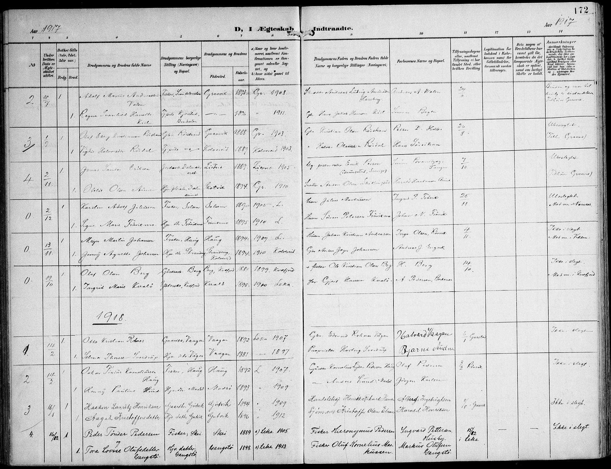 Ministerialprotokoller, klokkerbøker og fødselsregistre - Nord-Trøndelag, SAT/A-1458/788/L0698: Parish register (official) no. 788A05, 1902-1921, p. 172