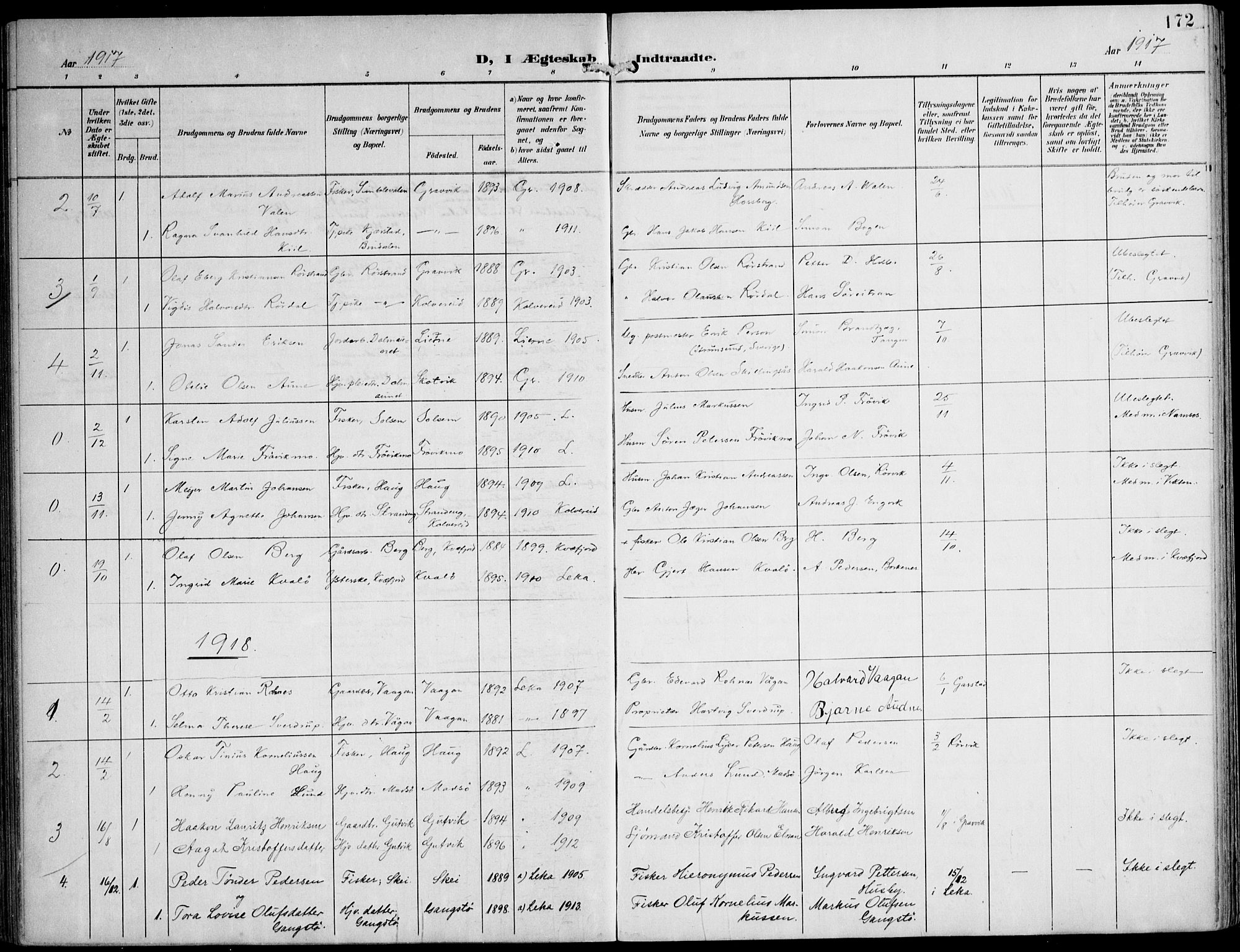 Ministerialprotokoller, klokkerbøker og fødselsregistre - Nord-Trøndelag, AV/SAT-A-1458/788/L0698: Parish register (official) no. 788A05, 1902-1921, p. 172