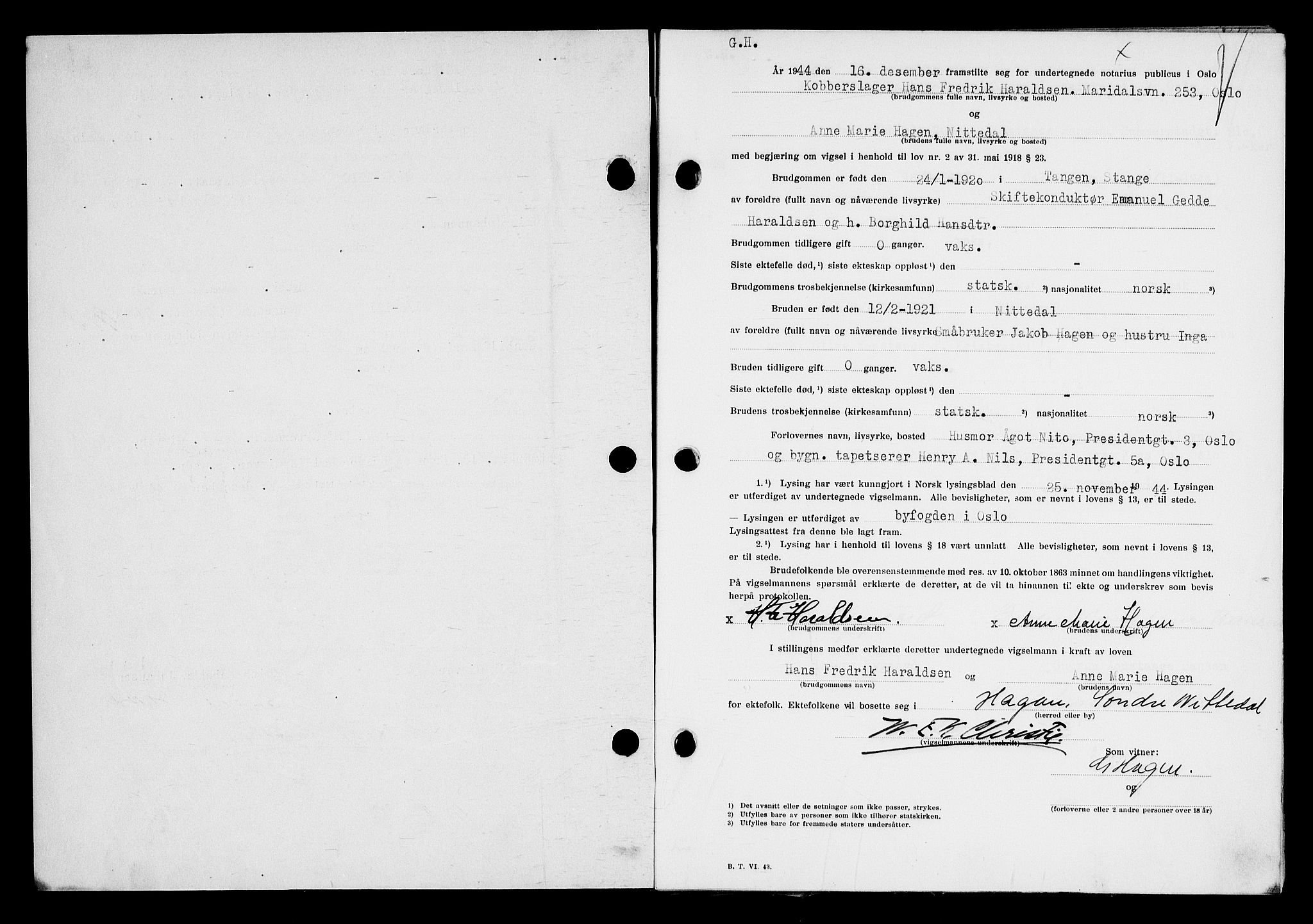 Oslo byfogd avd. I, AV/SAO-A-10220/L/Lb/Lbb/L0052: Notarialprotokoll, rekke II: Vigsler, 1944-1945