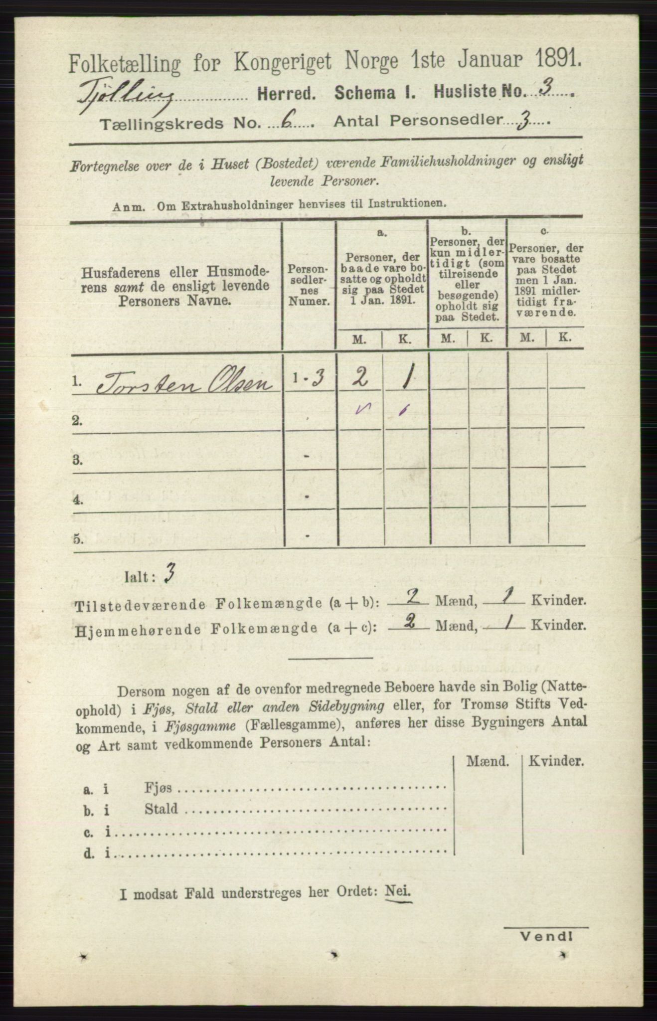 RA, 1891 census for 0725 Tjølling, 1891, p. 2803