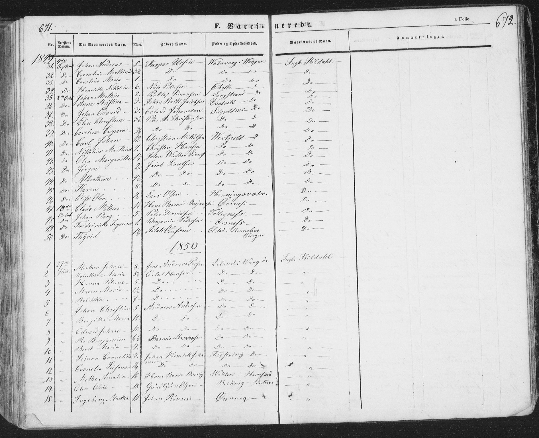 Ministerialprotokoller, klokkerbøker og fødselsregistre - Nordland, AV/SAT-A-1459/874/L1072: Parish register (copy) no. 874C01, 1843-1859, p. 671-672