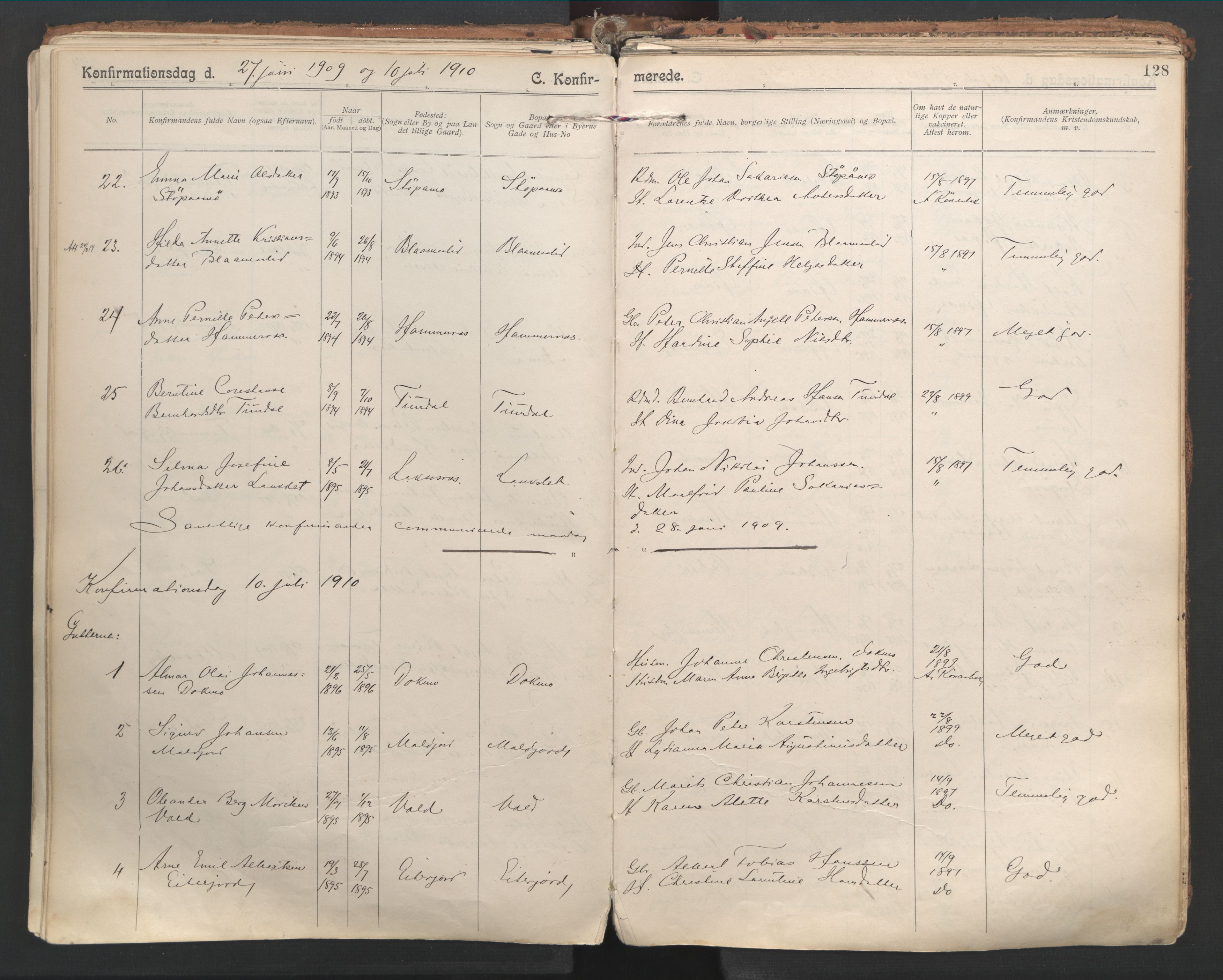 Ministerialprotokoller, klokkerbøker og fødselsregistre - Nordland, AV/SAT-A-1459/846/L0647: Parish register (official) no. 846A05, 1902-1915, p. 128