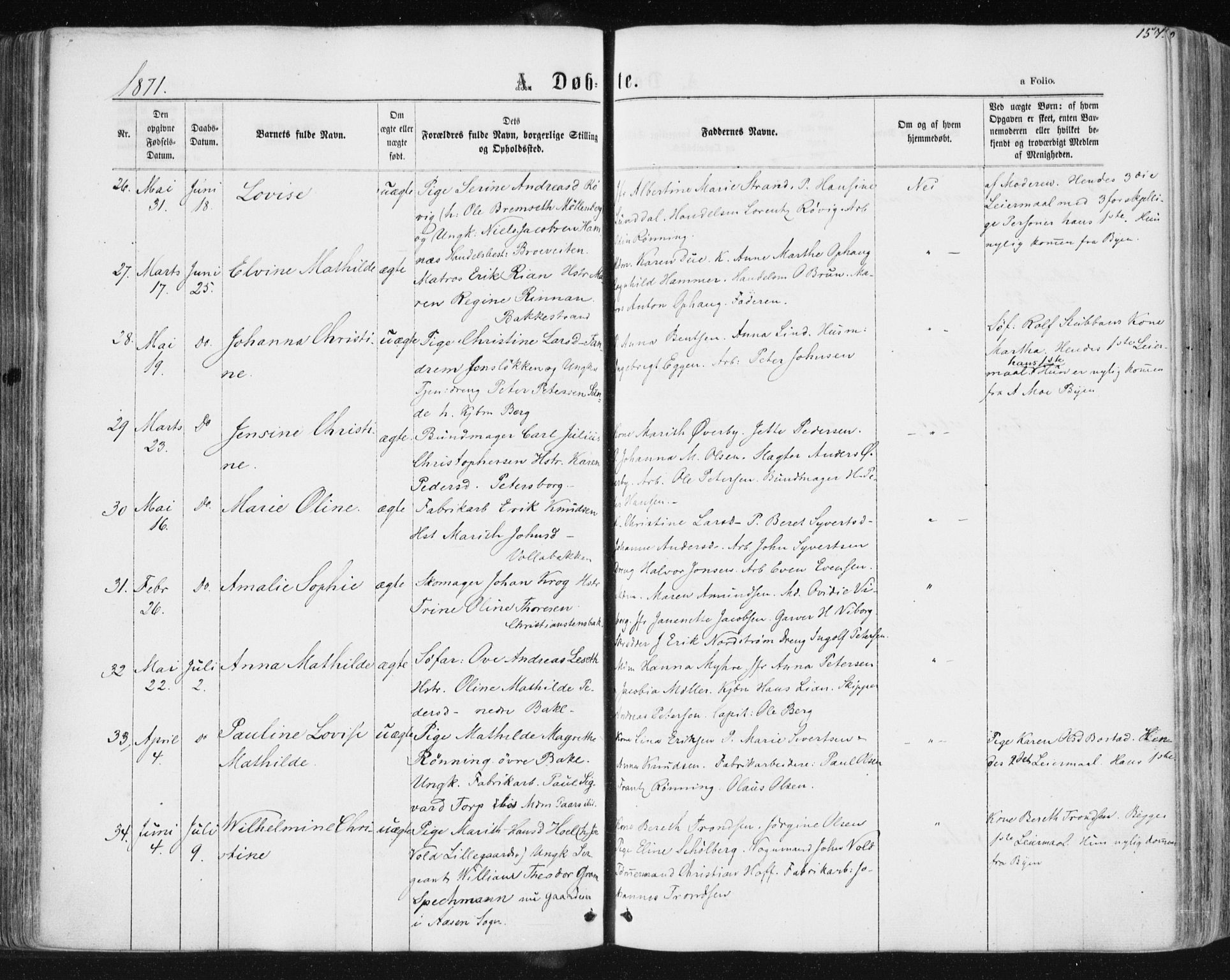 Ministerialprotokoller, klokkerbøker og fødselsregistre - Sør-Trøndelag, AV/SAT-A-1456/604/L0186: Parish register (official) no. 604A07, 1866-1877, p. 157