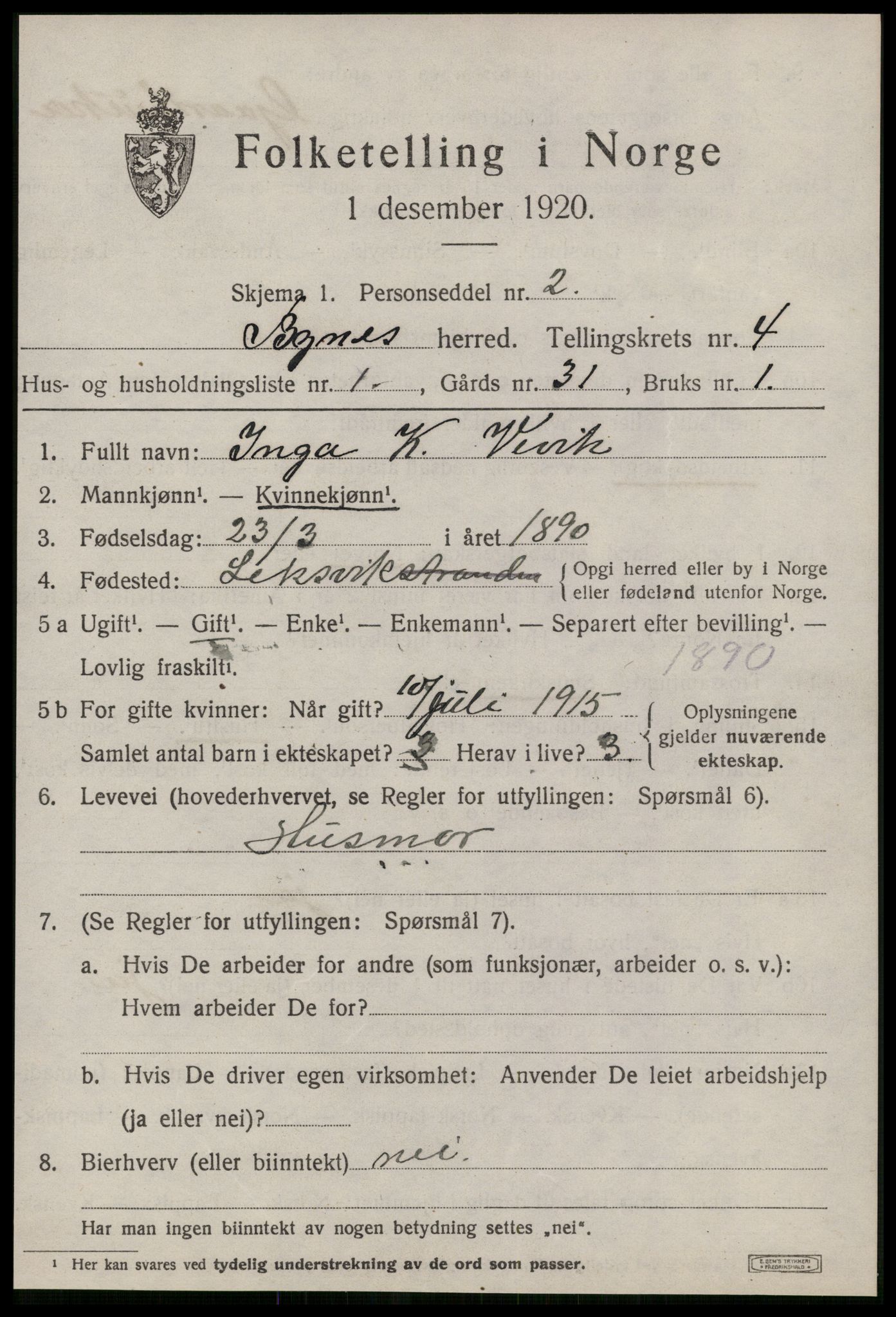 SAT, 1920 census for Byneset, 1920, p. 2080