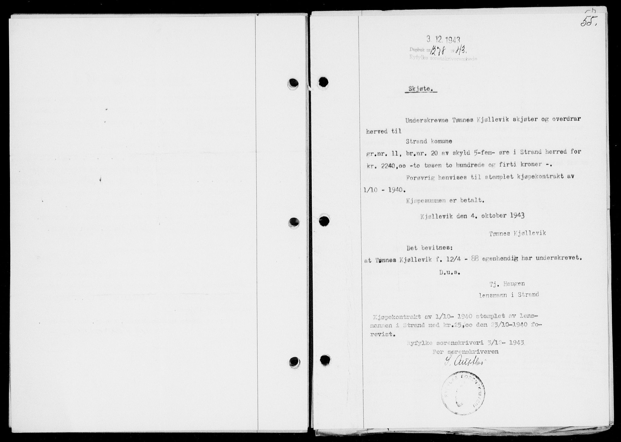 Ryfylke tingrett, SAST/A-100055/001/II/IIB/L0091: Mortgage book no. 70, 1943-1944, Diary no: : 1278/1943
