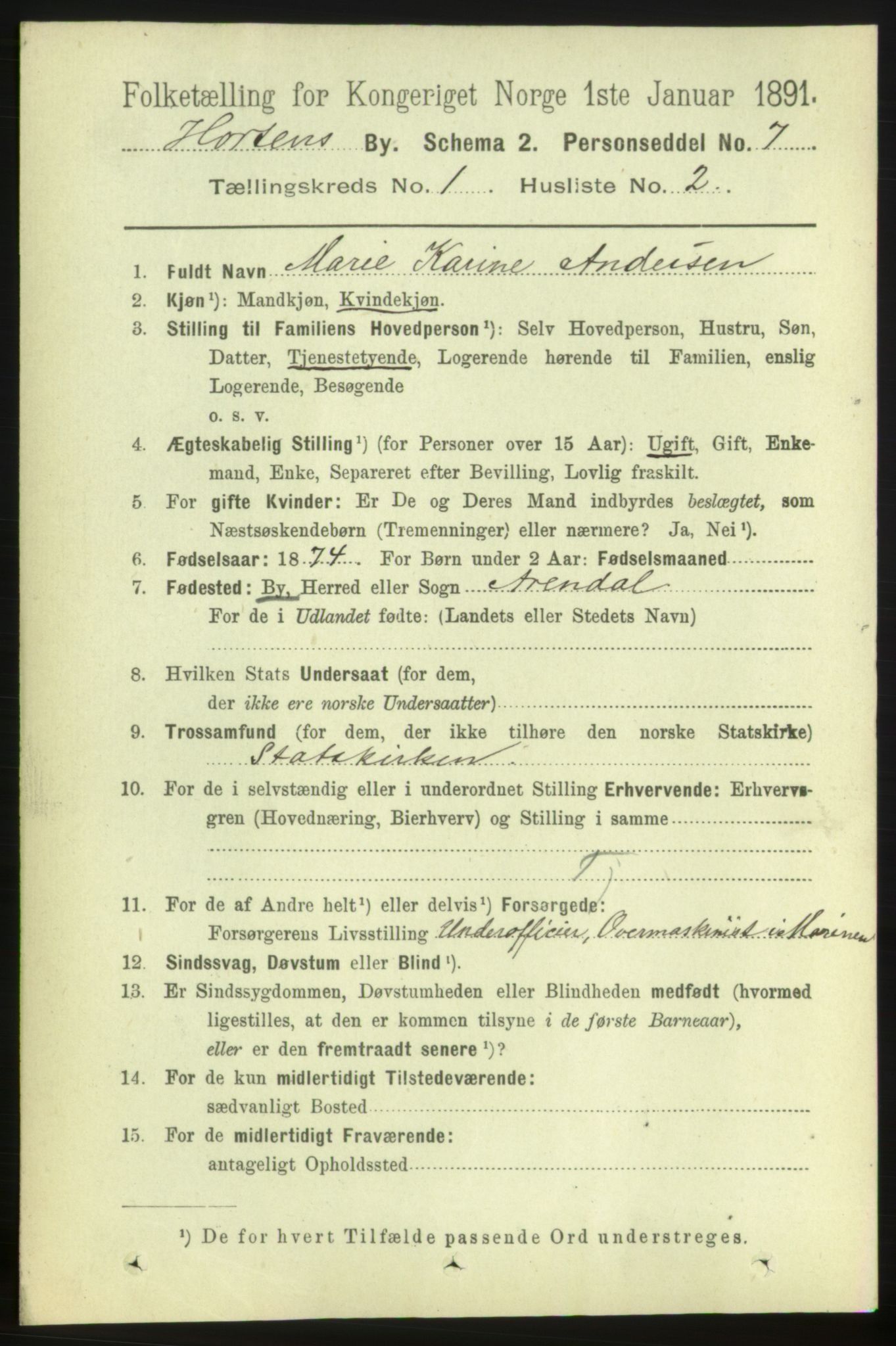 RA, 1891 census for 0703 Horten, 1891, p. 1527