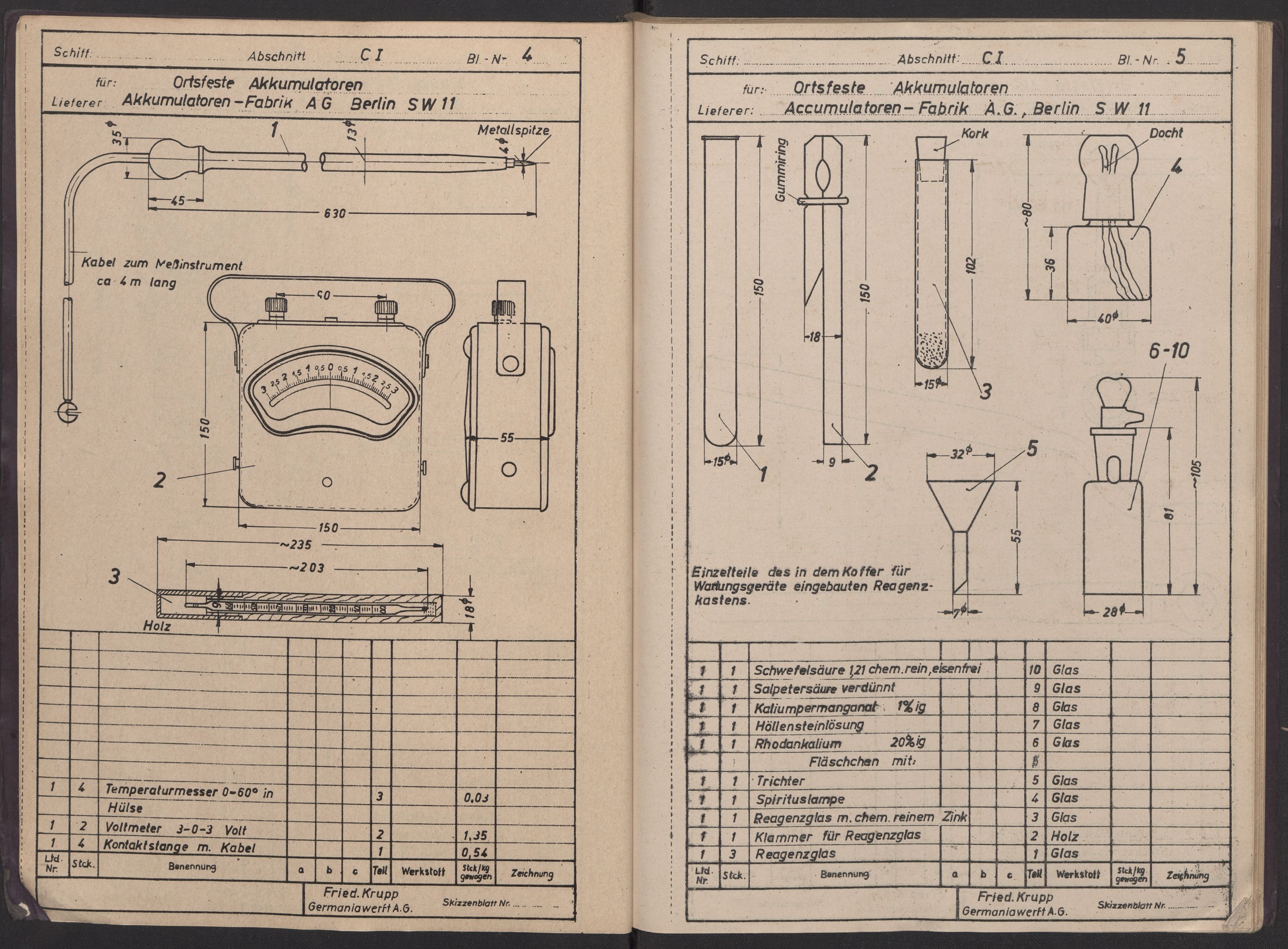 Kriegsmarine Norwegen, Unterseeboote, AV/RA-RAFA-5082/F/L0007/0001: -- / Skizzenanhang zum Geräte- und Ersatzteil-Soll für elektrische Analgen, Untersee-Boote Typ VII C, "U-995" (125), 1942, p. 4-5