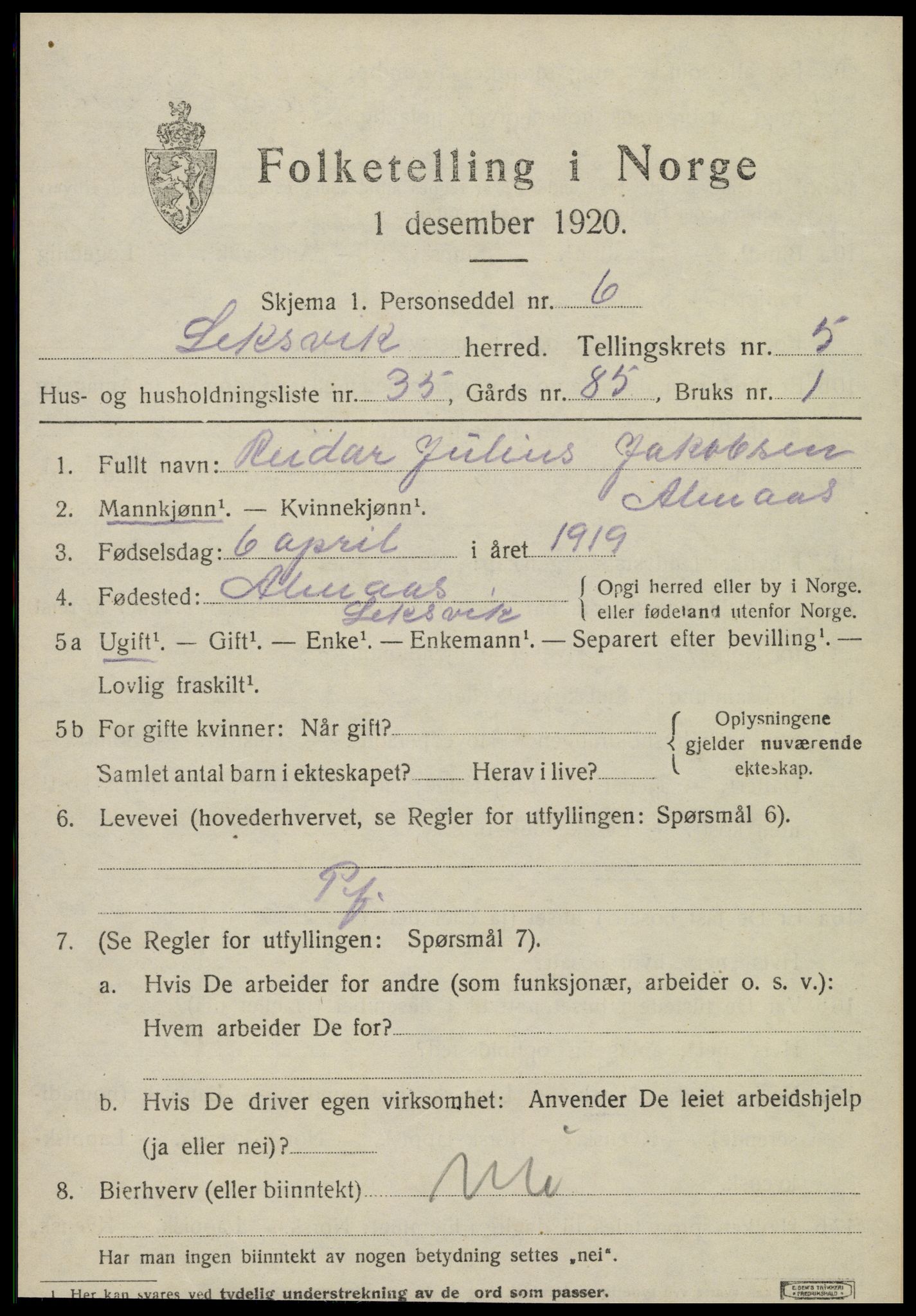 SAT, 1920 census for Leksvik, 1920, p. 5224