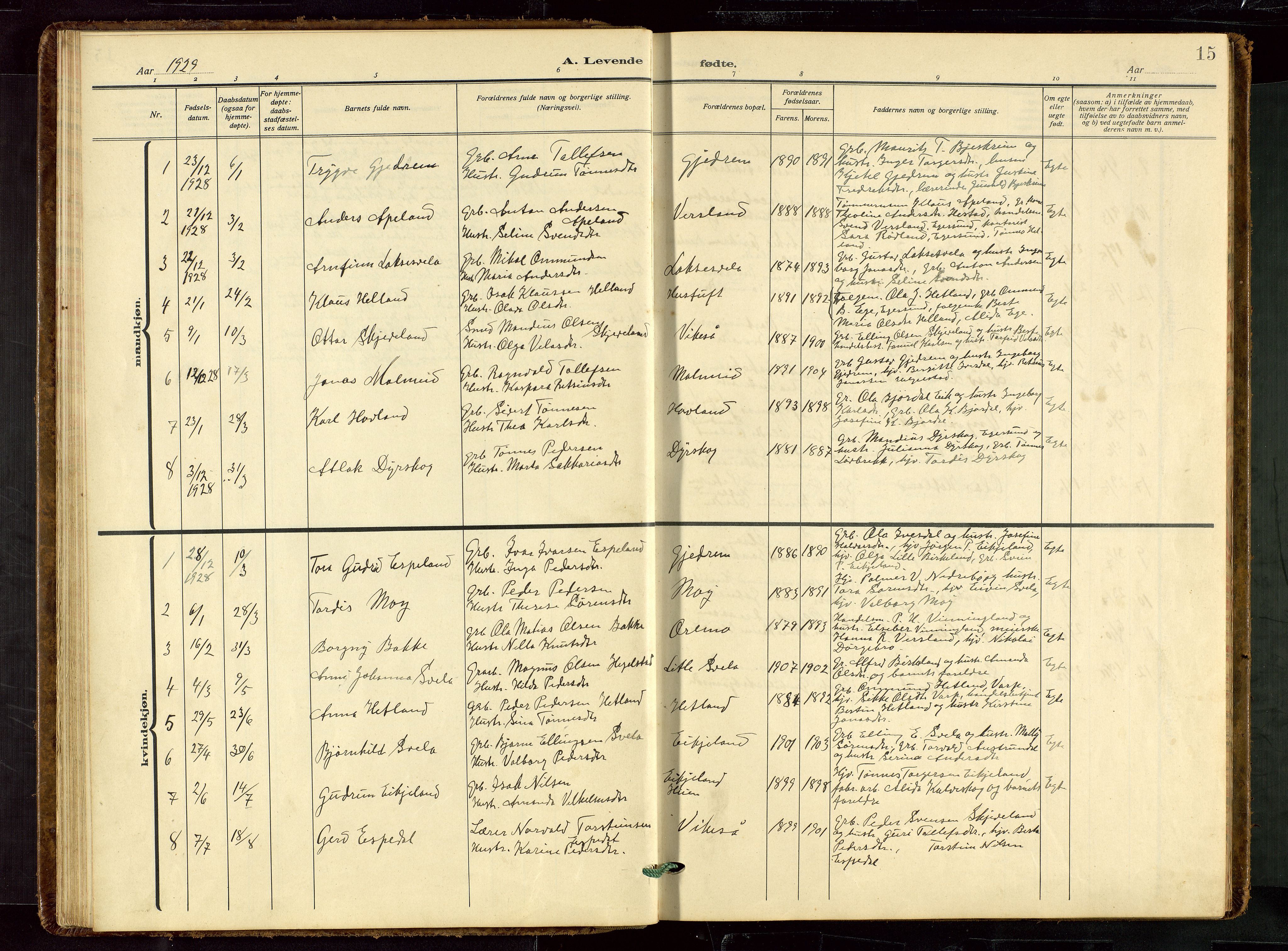 Helleland sokneprestkontor, SAST/A-101810: Parish register (copy) no. B 7, 1923-1945, p. 15