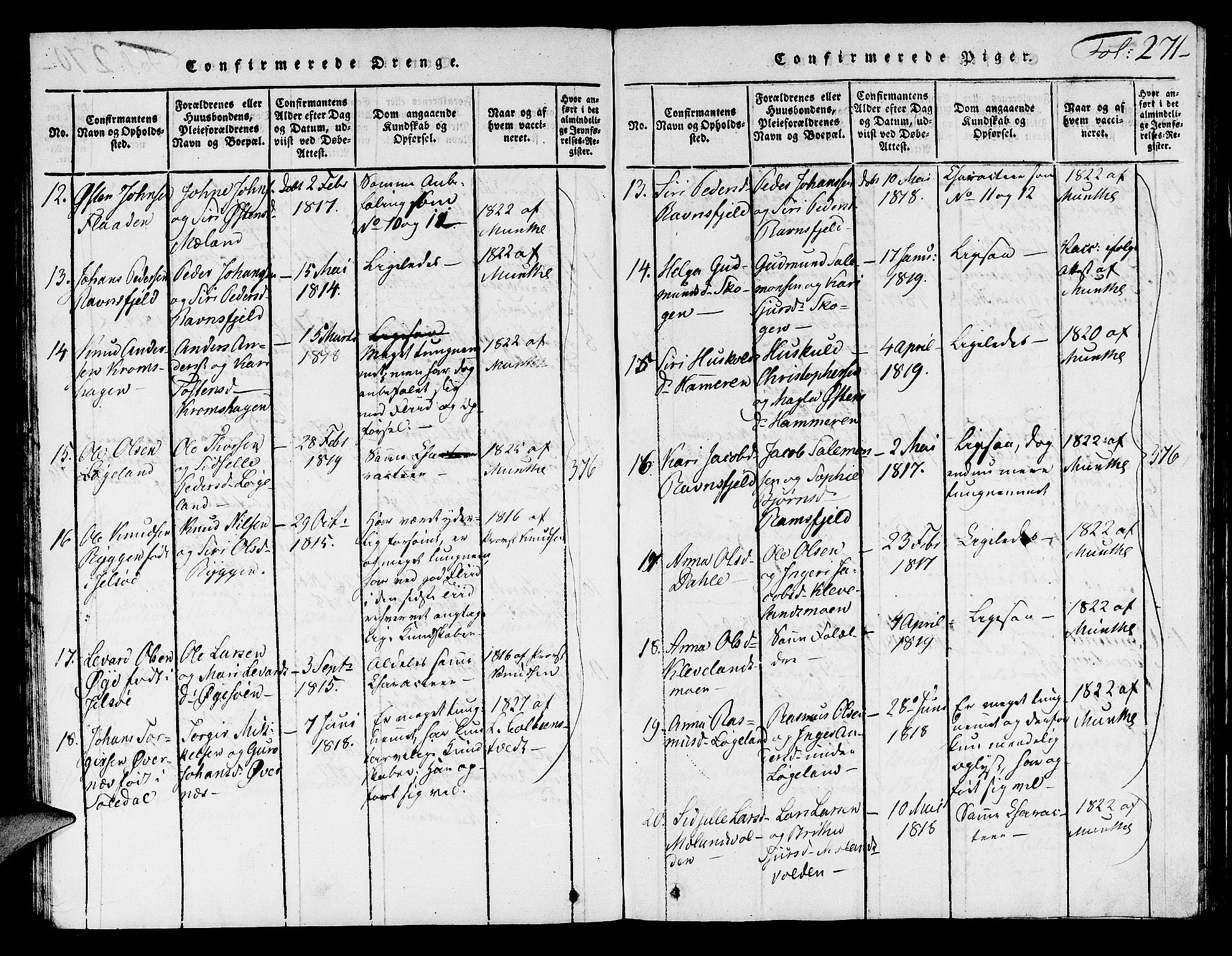 Hjelmeland sokneprestkontor, AV/SAST-A-101843/01/V/L0001: Parish register (copy) no. B 1, 1816-1841, p. 271