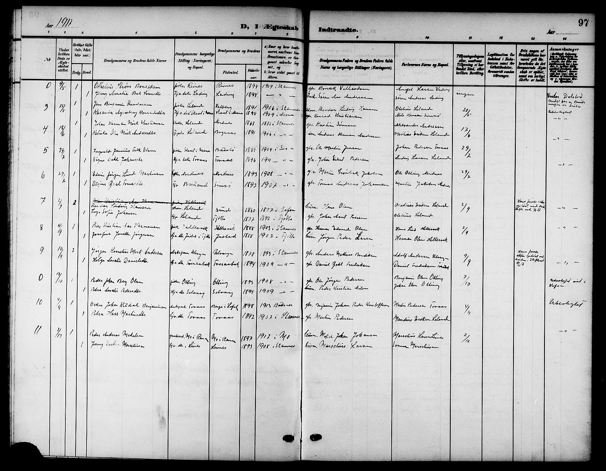 Ministerialprotokoller, klokkerbøker og fødselsregistre - Nordland, SAT/A-1459/832/L0494: Parish register (copy) no. 832C01, 1906-1922, p. 97