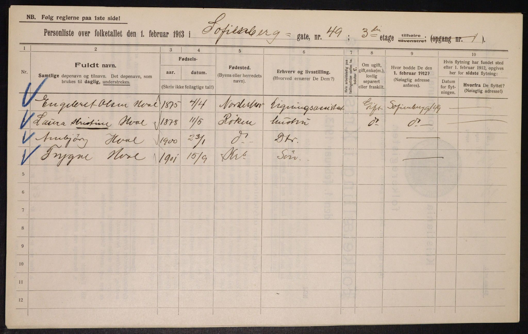 OBA, Municipal Census 1913 for Kristiania, 1913, p. 98685