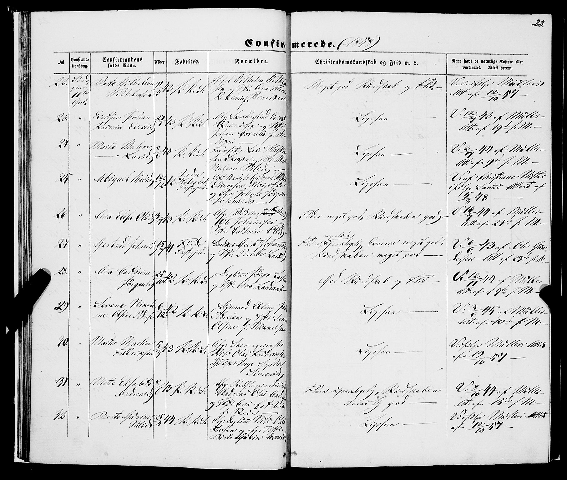 Korskirken sokneprestembete, SAB/A-76101/H/Haa/L0069: Curate's parish register no. A 4, 1856-1869, p. 23