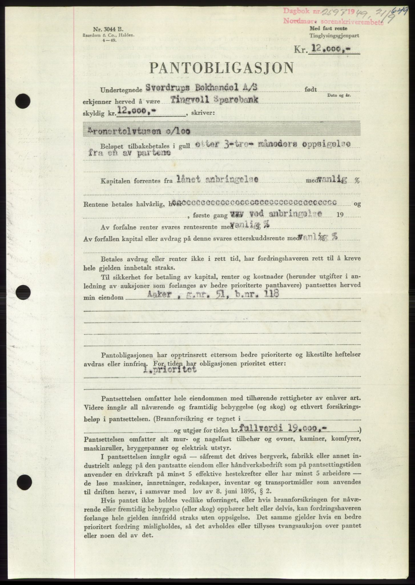 Nordmøre sorenskriveri, AV/SAT-A-4132/1/2/2Ca: Mortgage book no. B102, 1949-1949, Diary no: : 2597/1949