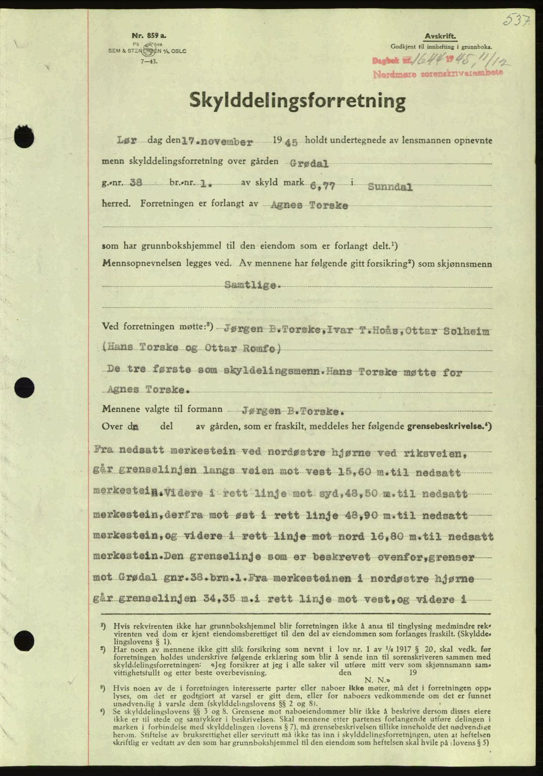 Nordmøre sorenskriveri, AV/SAT-A-4132/1/2/2Ca: Mortgage book no. A100a, 1945-1945, Diary no: : 1644/1945