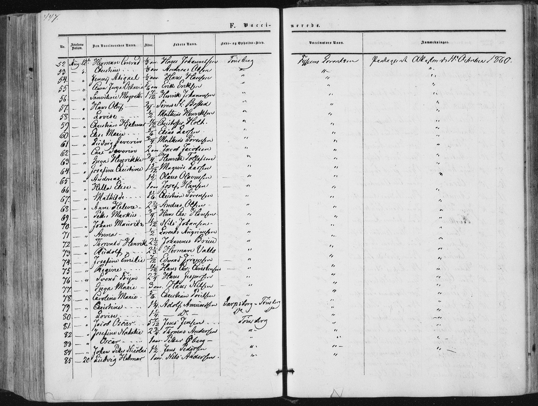 Tønsberg kirkebøker, AV/SAKO-A-330/F/Fa/L0008: Parish register (official) no. I 8, 1855-1864, p. 447