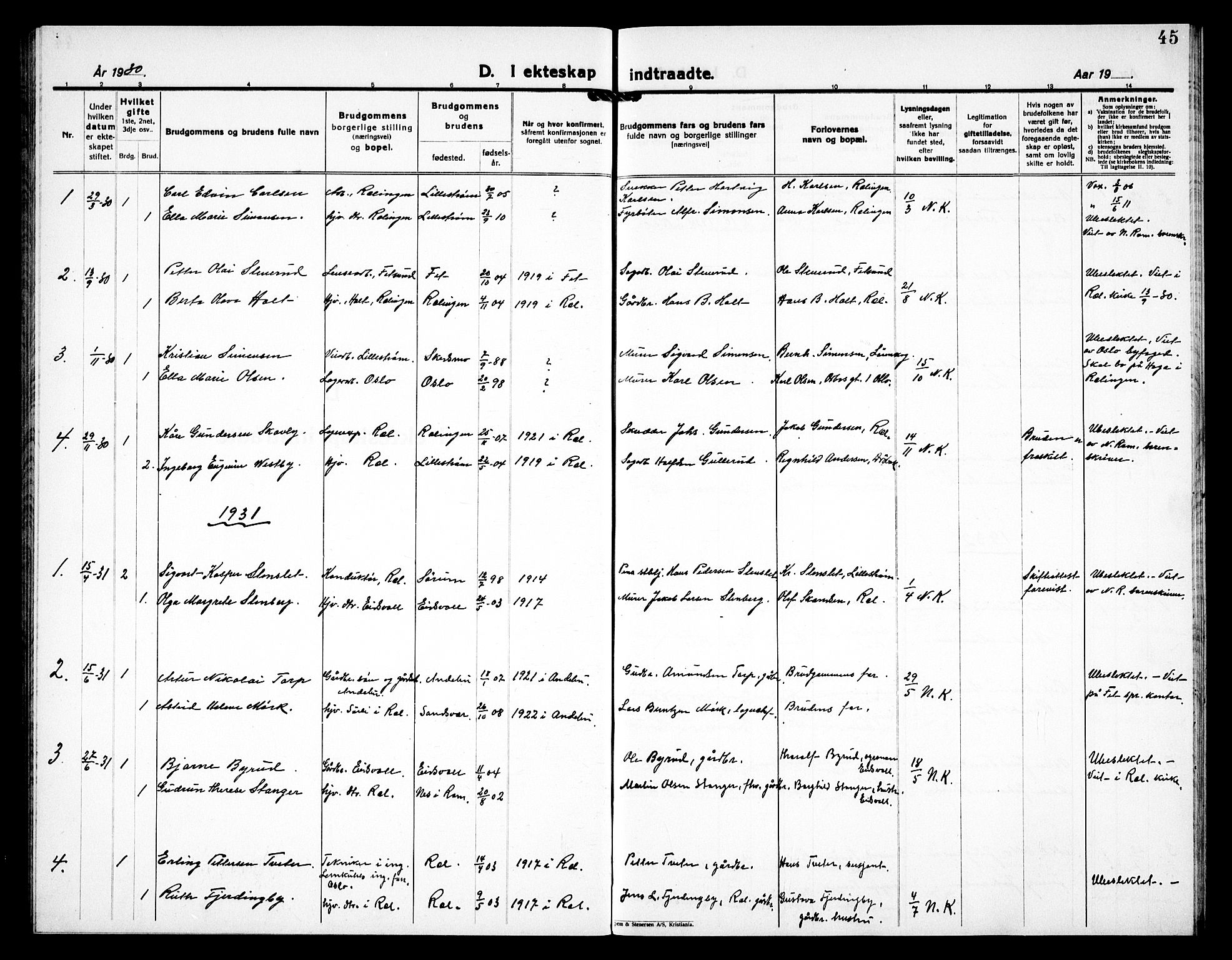 Fet prestekontor Kirkebøker, AV/SAO-A-10370a/G/Gb/L0007: Parish register (copy) no. II 7, 1926-1938, p. 45