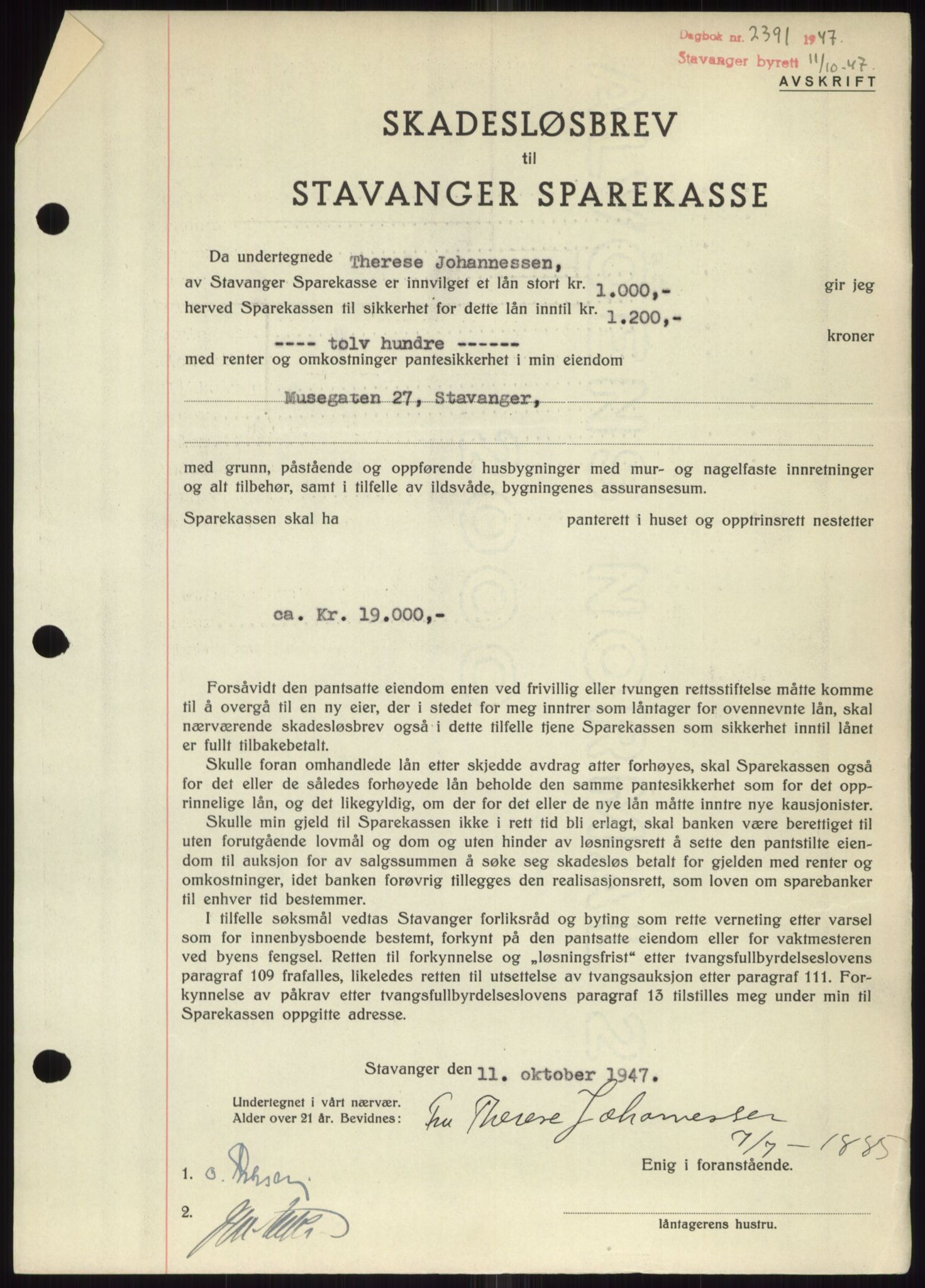 Stavanger byrett, SAST/A-100455/002/G/Gb/L0032: Mortgage book, 1947-1950, Diary no: : 2391/1947