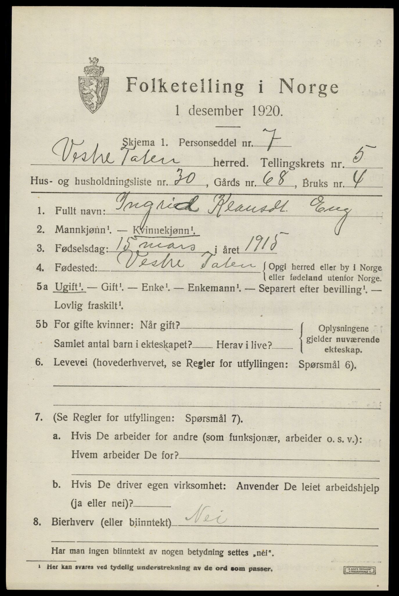 SAH, 1920 census for Vestre Toten, 1920, p. 7688