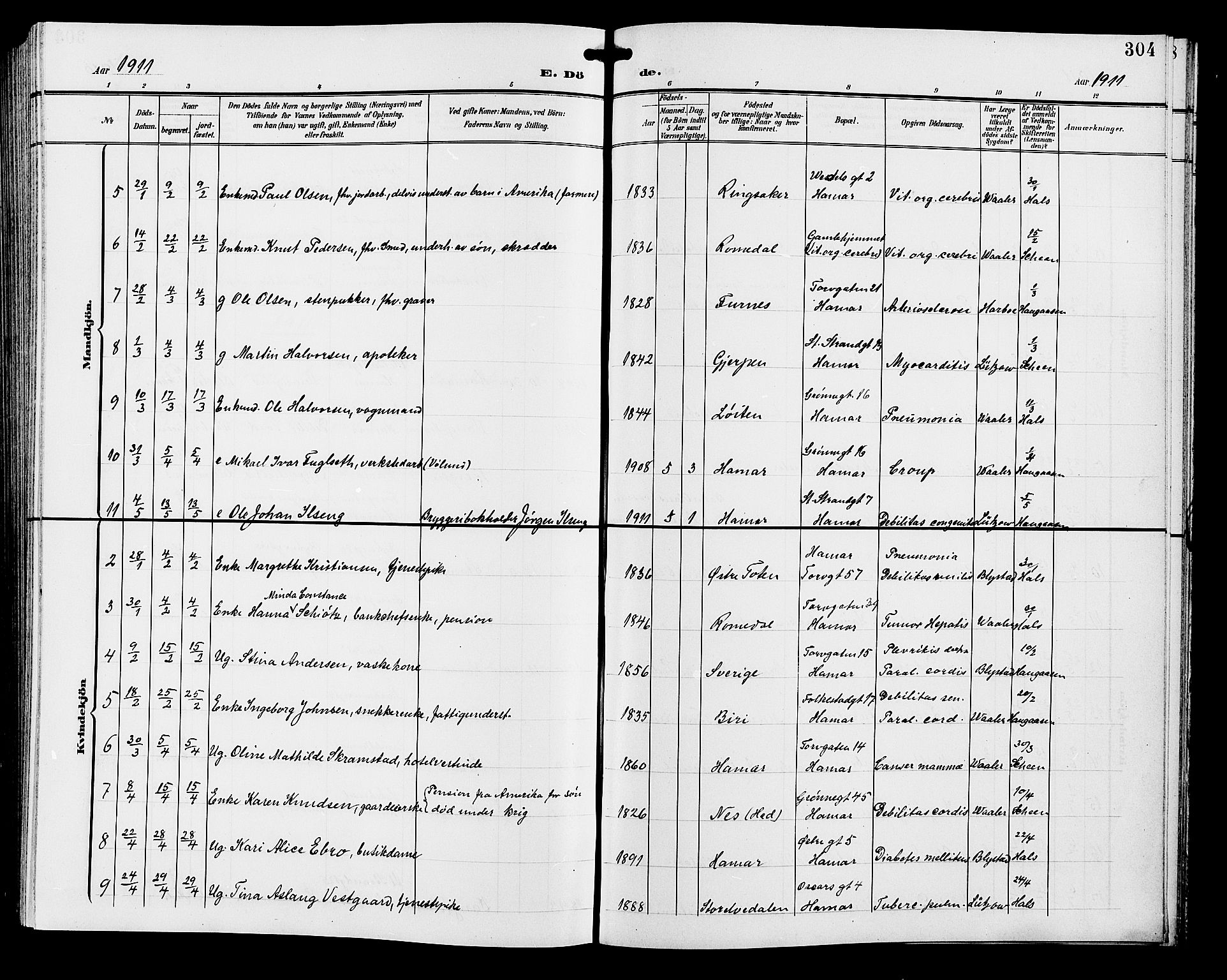 Hamar prestekontor, SAH/DOMPH-002/H/Ha/Hab/L0001: Parish register (copy) no. 1, 1899-1914, p. 304