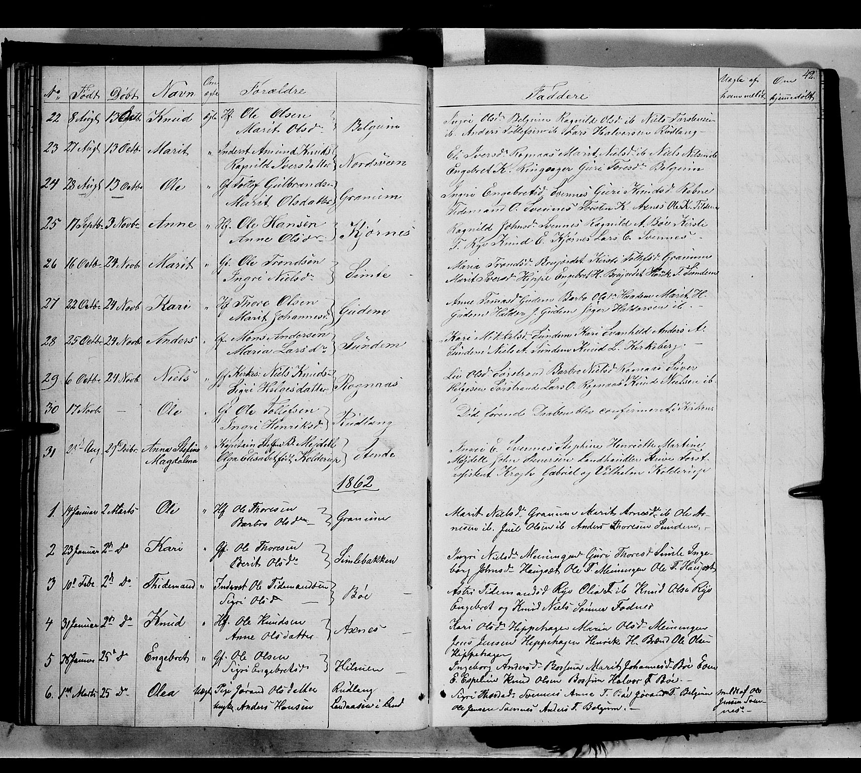 Nord-Aurdal prestekontor, SAH/PREST-132/H/Ha/Haa/L0006: Parish register (official) no. 6, 1842-1863, p. 42