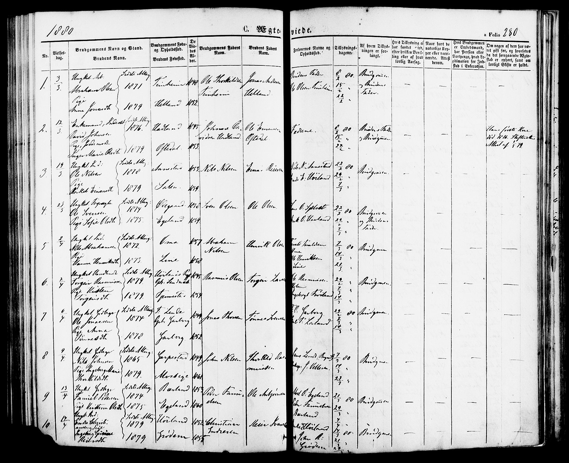 Lye sokneprestkontor, SAST/A-101794/001/30BA/L0008: Parish register (official) no. A 7, 1872-1881, p. 280