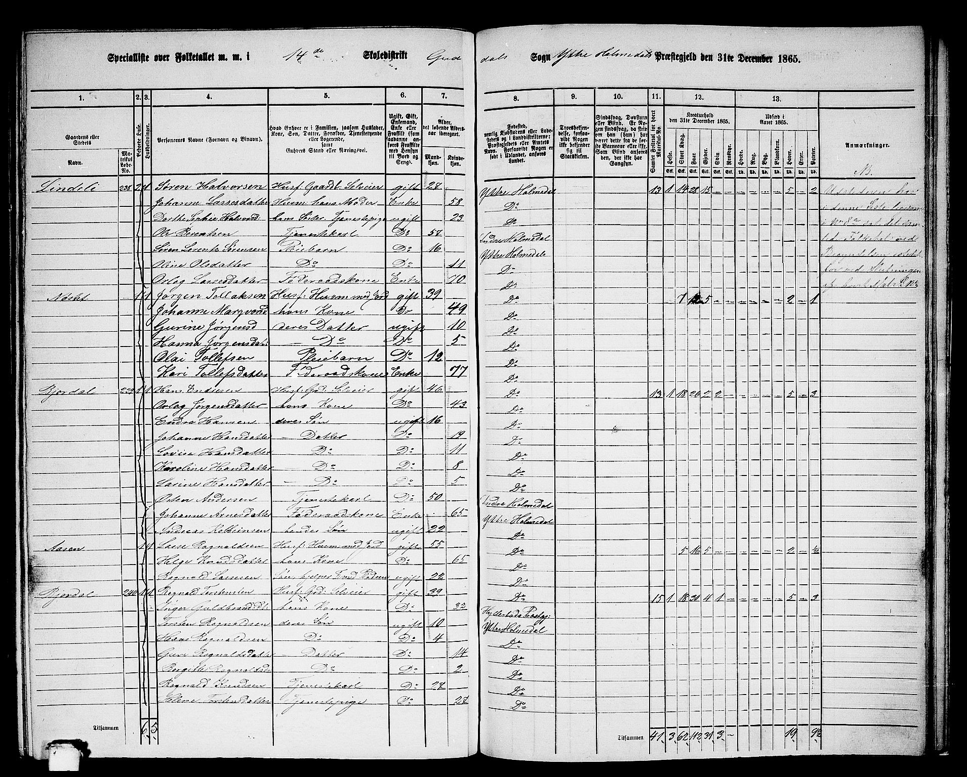 RA, 1865 census for Ytre Holmedal, 1865, p. 142