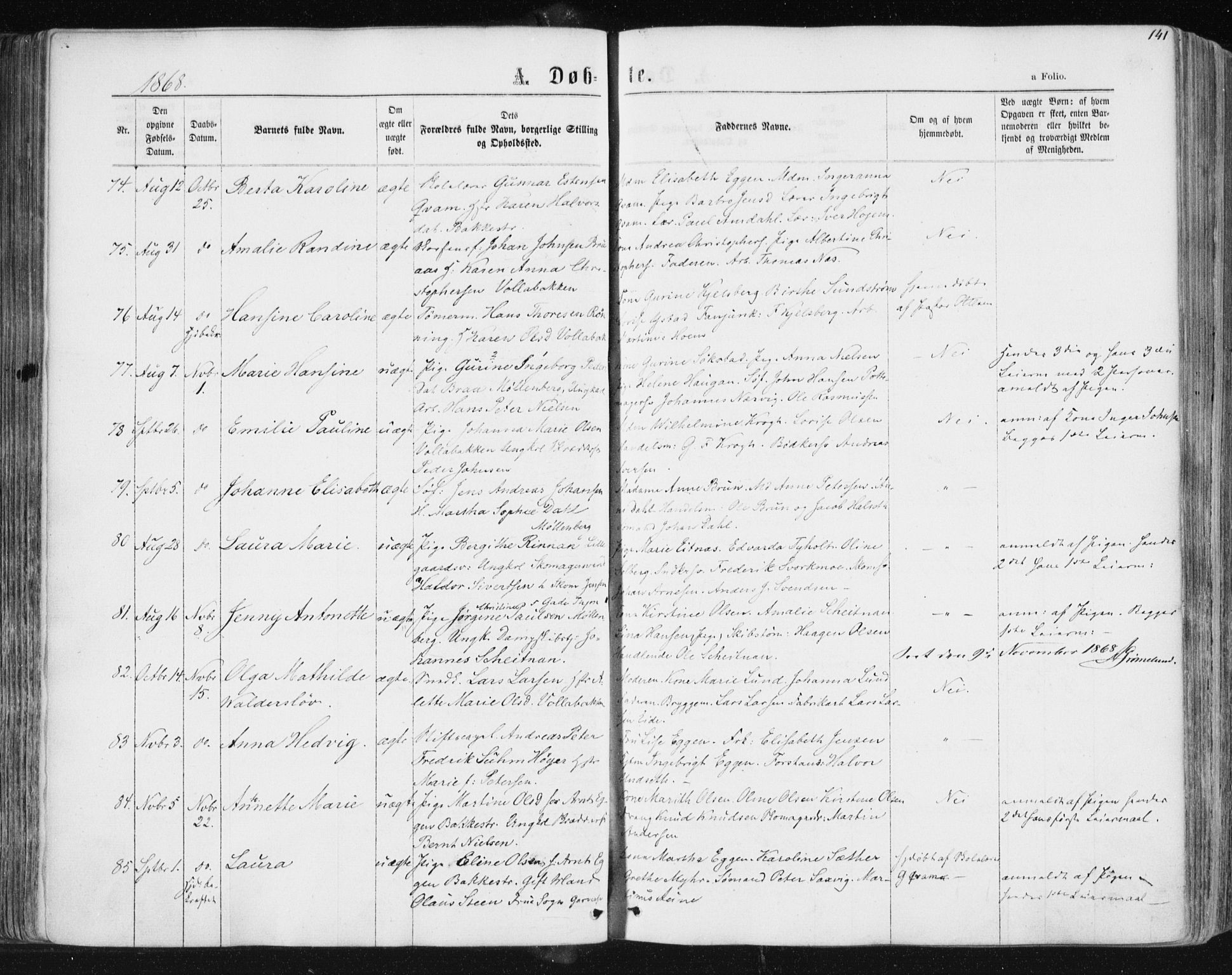 Ministerialprotokoller, klokkerbøker og fødselsregistre - Sør-Trøndelag, SAT/A-1456/604/L0186: Parish register (official) no. 604A07, 1866-1877, p. 141