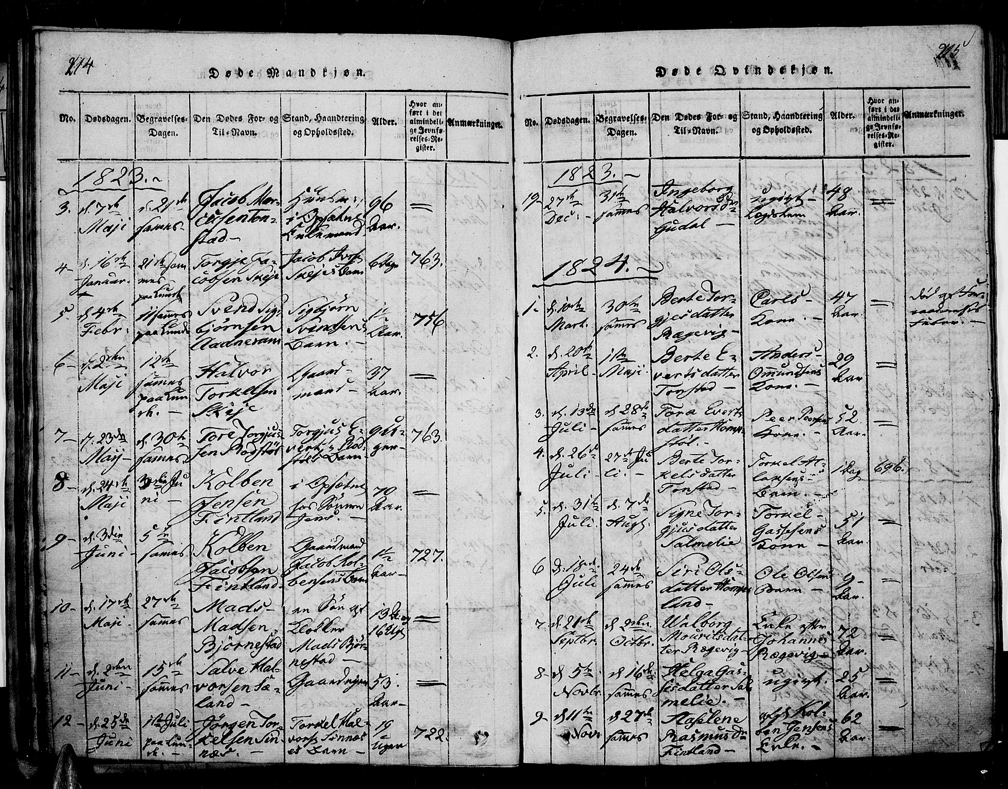 Sirdal sokneprestkontor, AV/SAK-1111-0036/F/Fa/Fab/L0001: Parish register (official) no. A 1, 1815-1834, p. 214-215