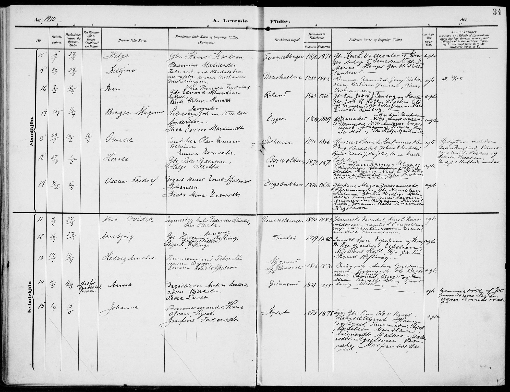 Vestre Toten prestekontor, AV/SAH-PREST-108/H/Ha/Haa/L0014: Parish register (official) no. 14, 1907-1920, p. 34