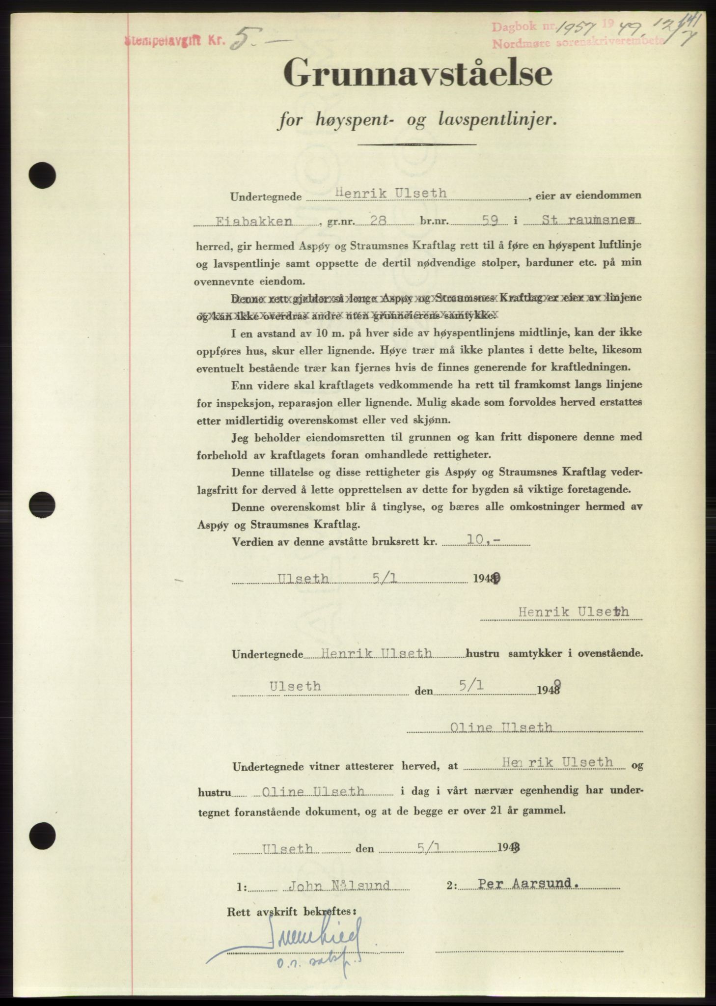 Nordmøre sorenskriveri, AV/SAT-A-4132/1/2/2Ca: Mortgage book no. B102, 1949-1949, Diary no: : 1957/1949