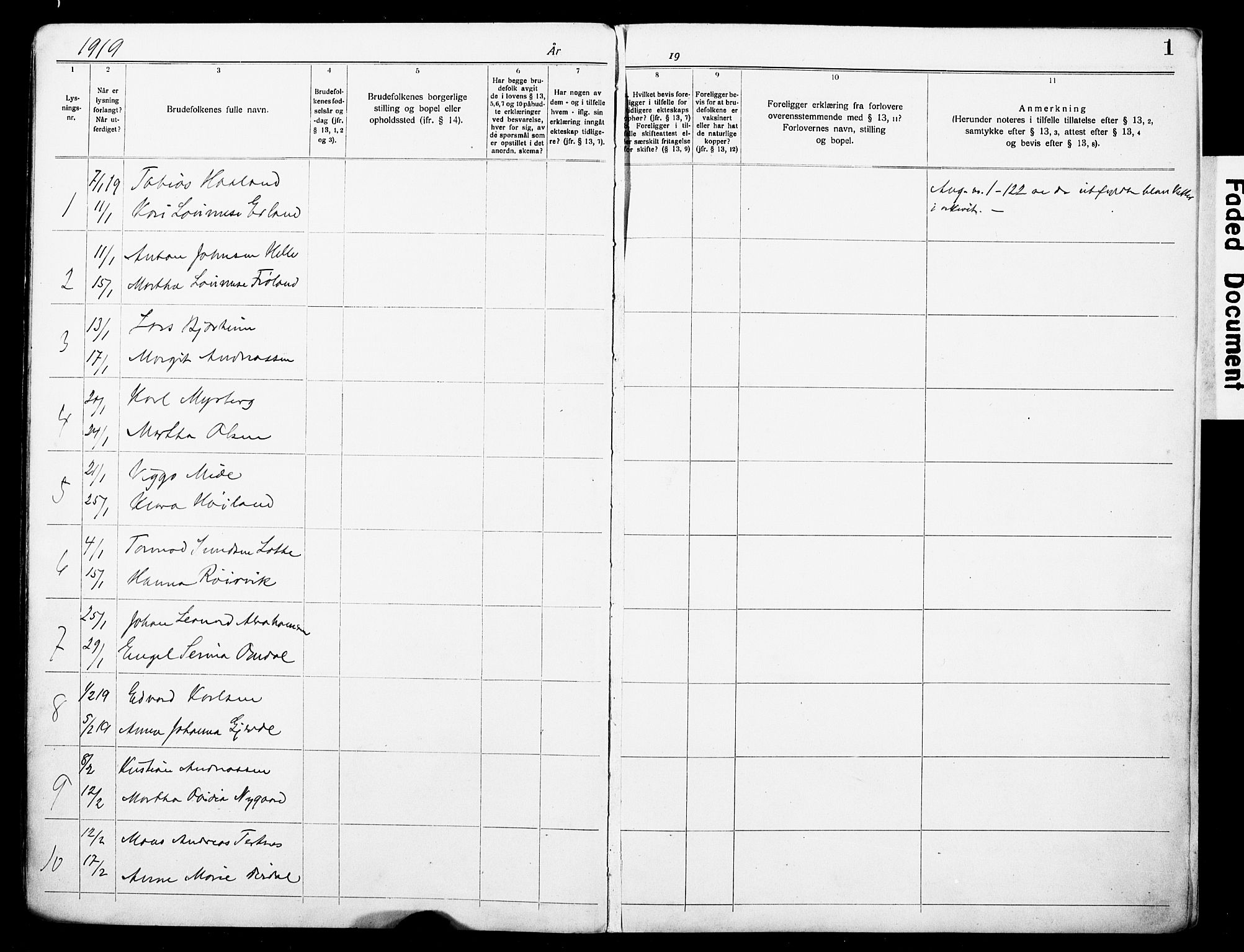 St. Johannes sokneprestkontor, AV/SAST-A-101814/001/70/705BA/L0004: Banns register no. 4, 1919-1928, p. 1