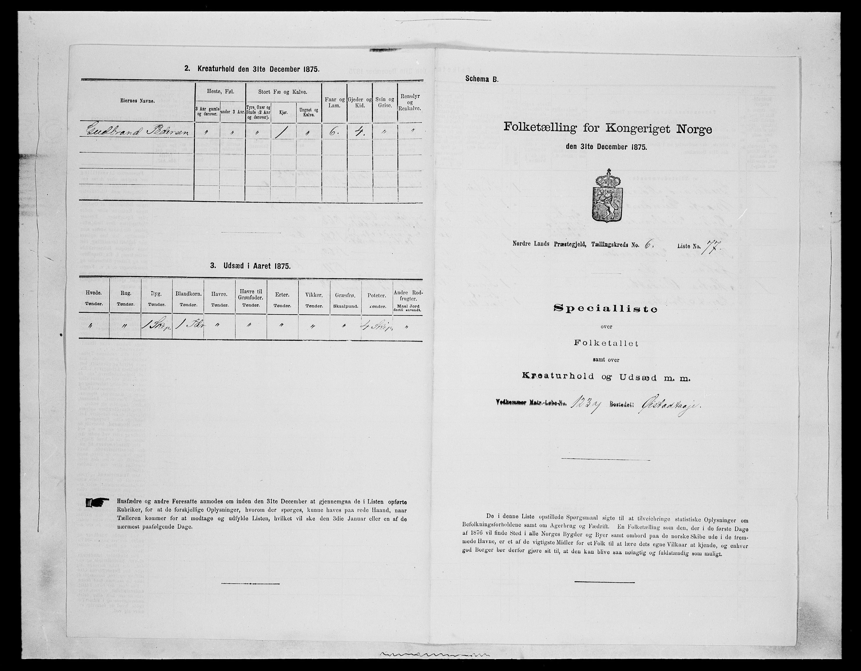 SAH, 1875 census for 0538P Nordre Land, 1875, p. 1077